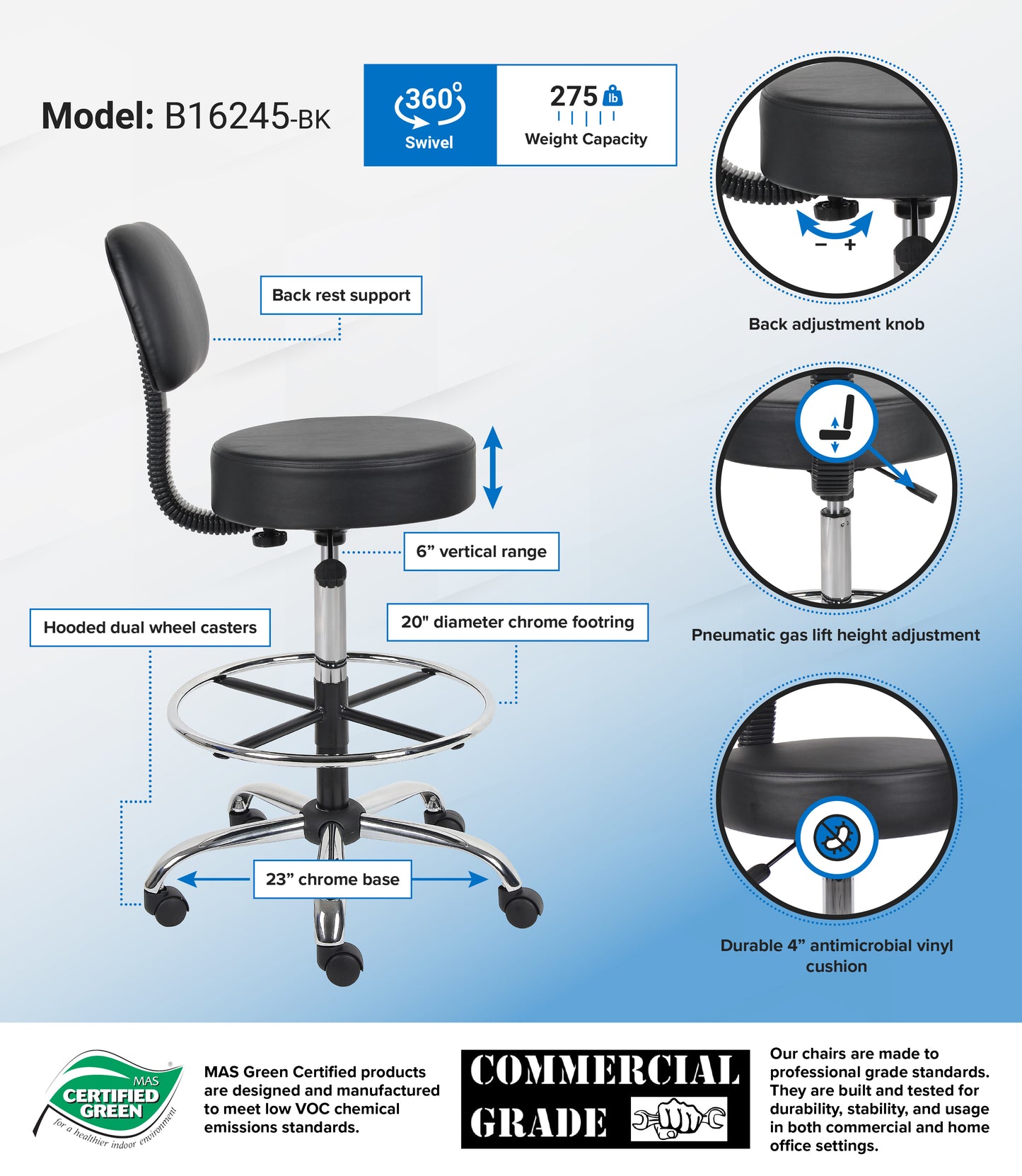 Boss Antimicrobial Vinyl Medical/Drafting Stool W/ Back Cushion image 3