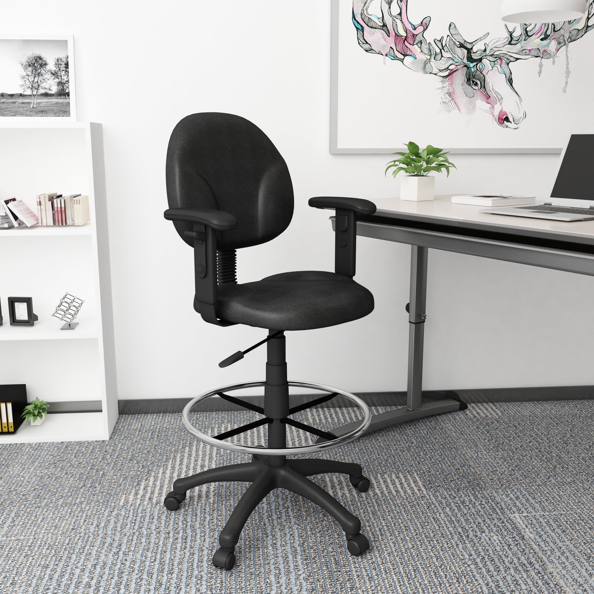 Boss Black Fabric Drafting Stools W/Adj Arms & Footring image 2