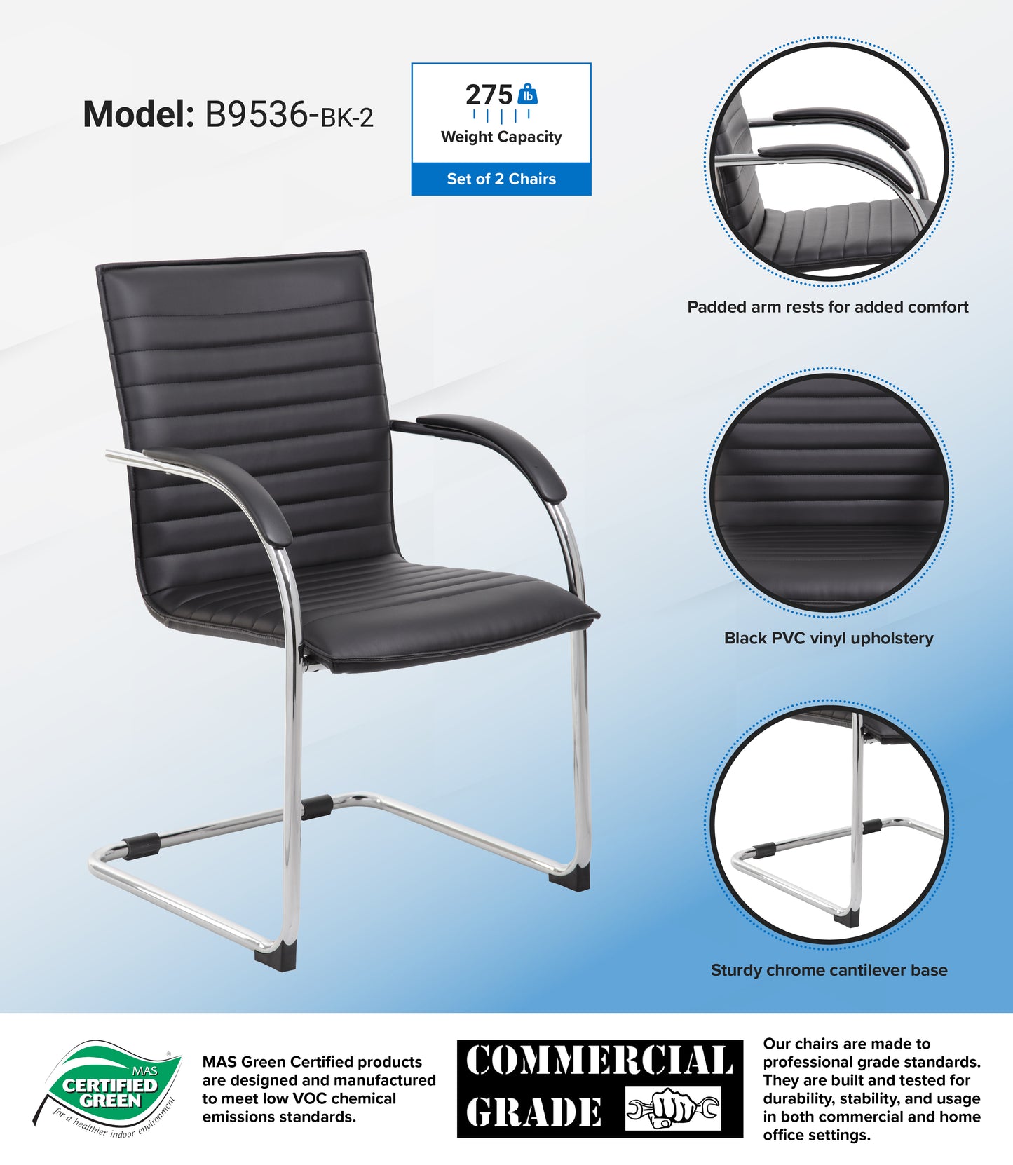 Boss Chrome Frame, Black Vinyl Side Chair, 2 pack image 3