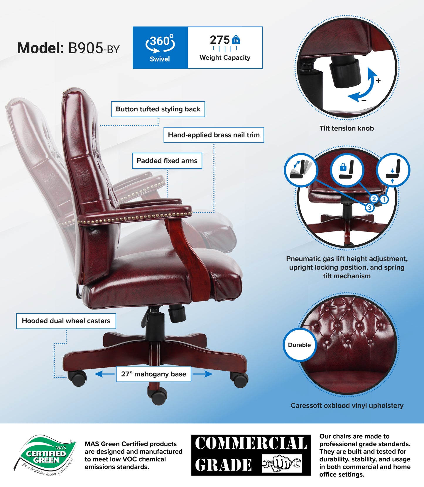 Boss Classic Executive Oxblood Vinyl Chair With Mahogany Finish Frame image 3