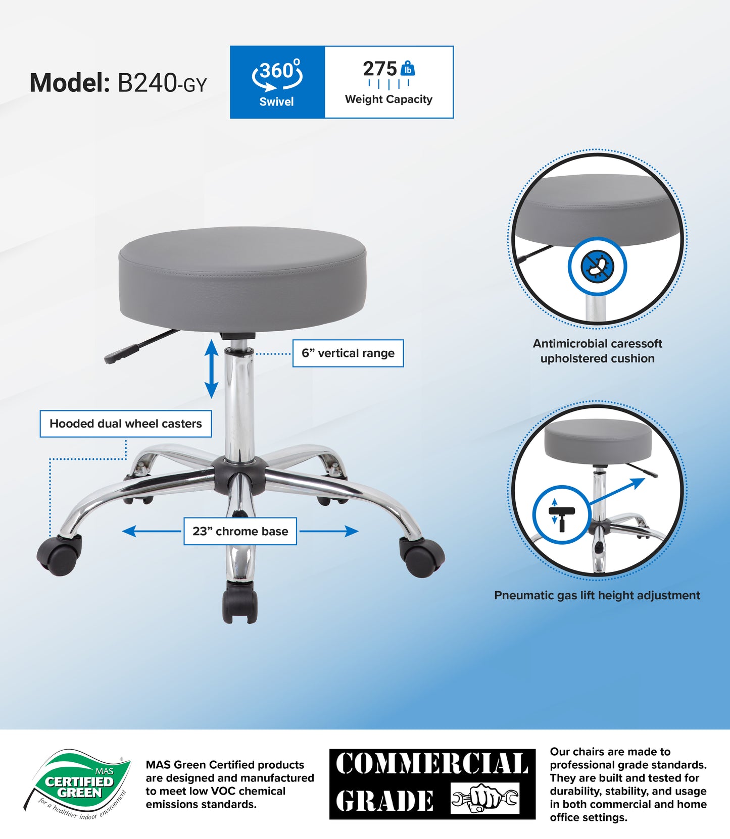 Boss Grey Antimicrobial Medical Stool image 3