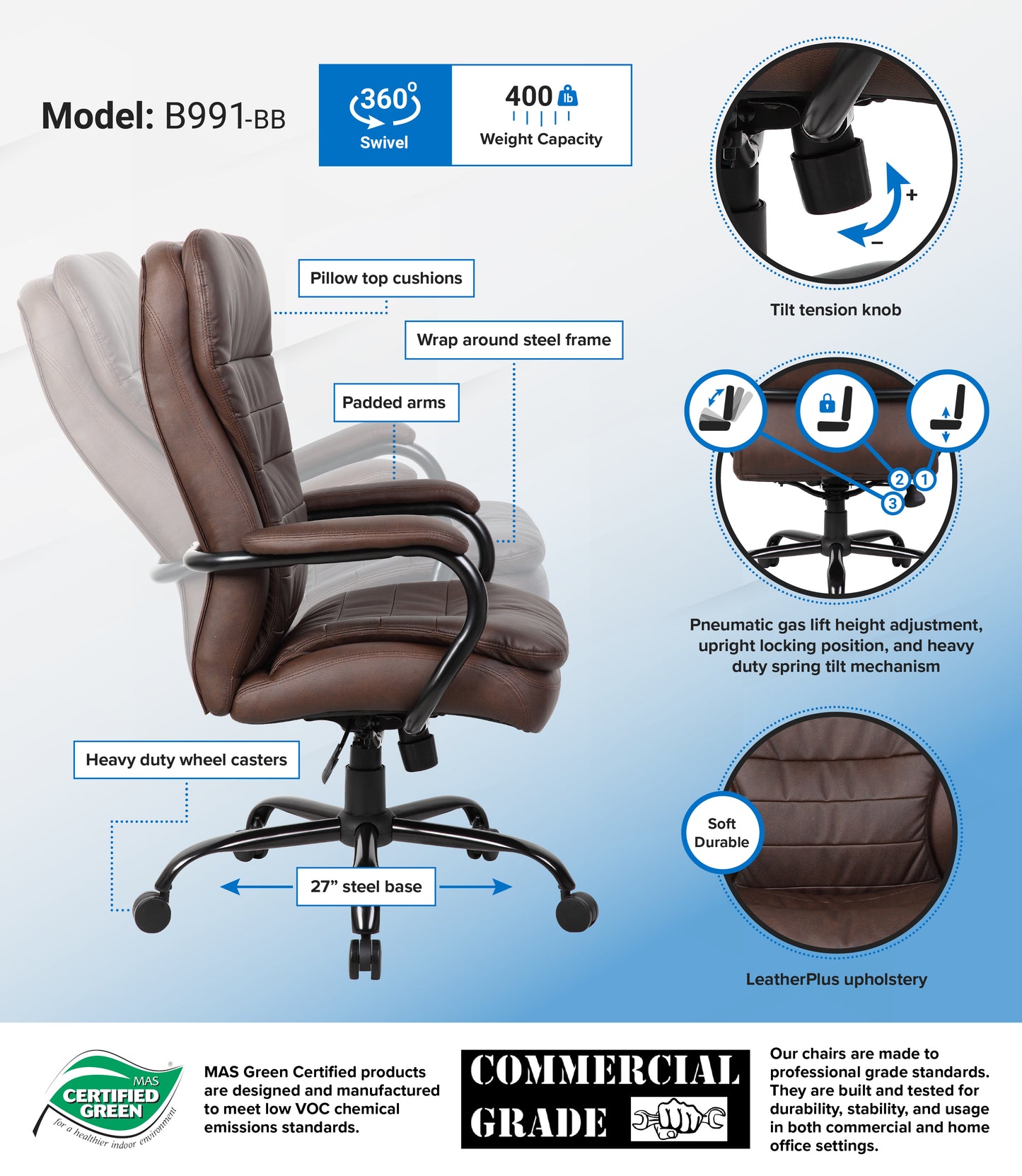 Boss Heavy Duty Double Plush LeatherPlus Chair - 400 Lbs. image 3