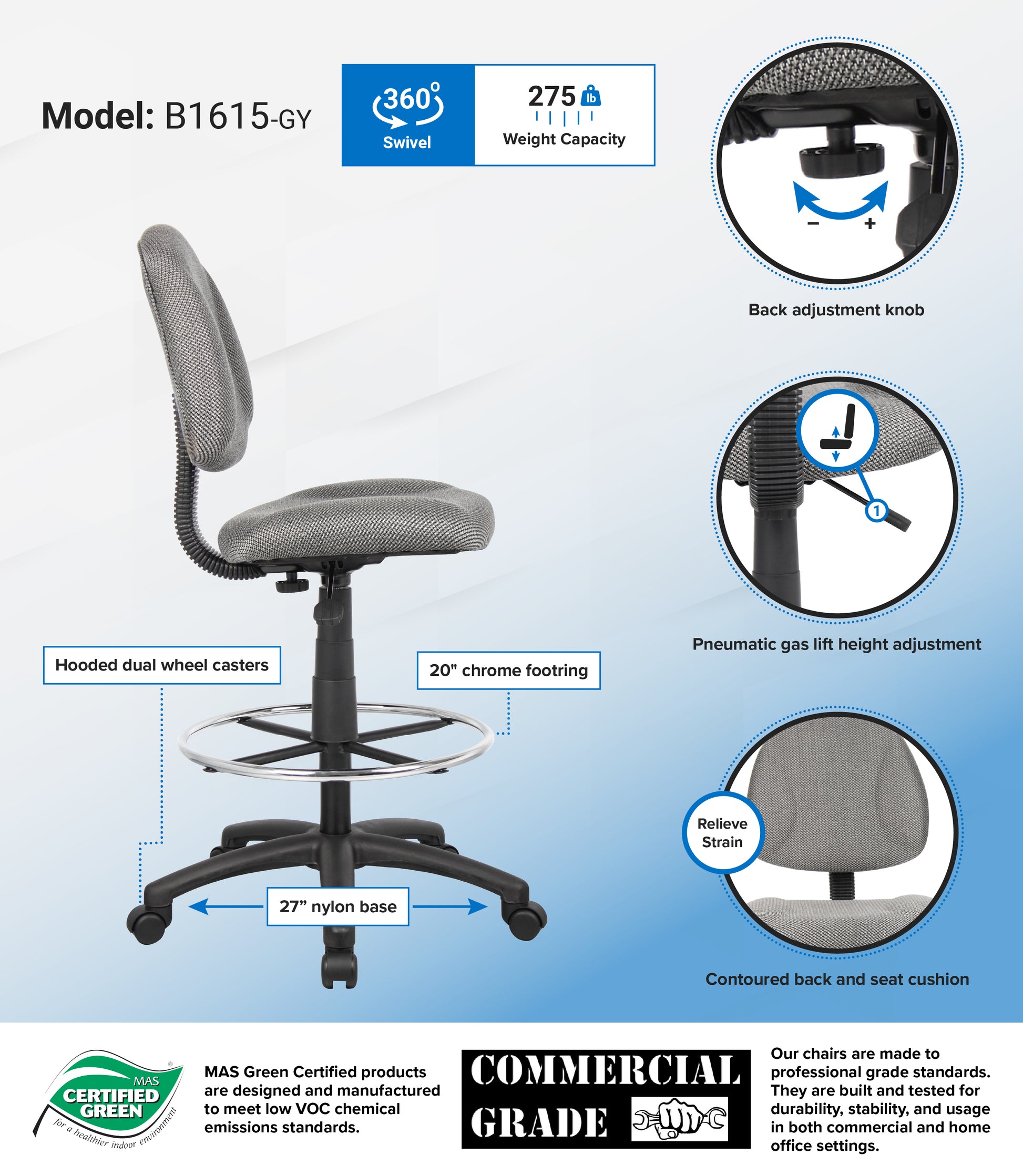 Boss Drafting Stool (B315-Gy) W/Footring image 3