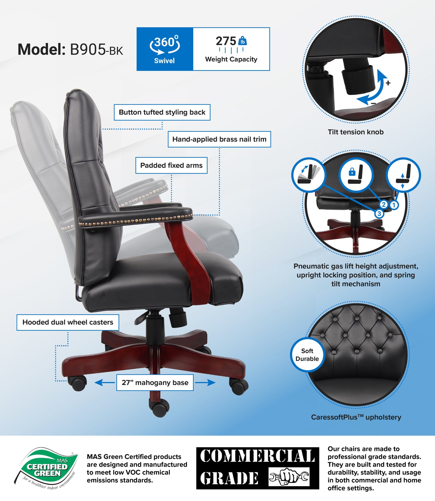 Boss Classic Black Caressoft Chair With Mahogany Finish Frame image 3