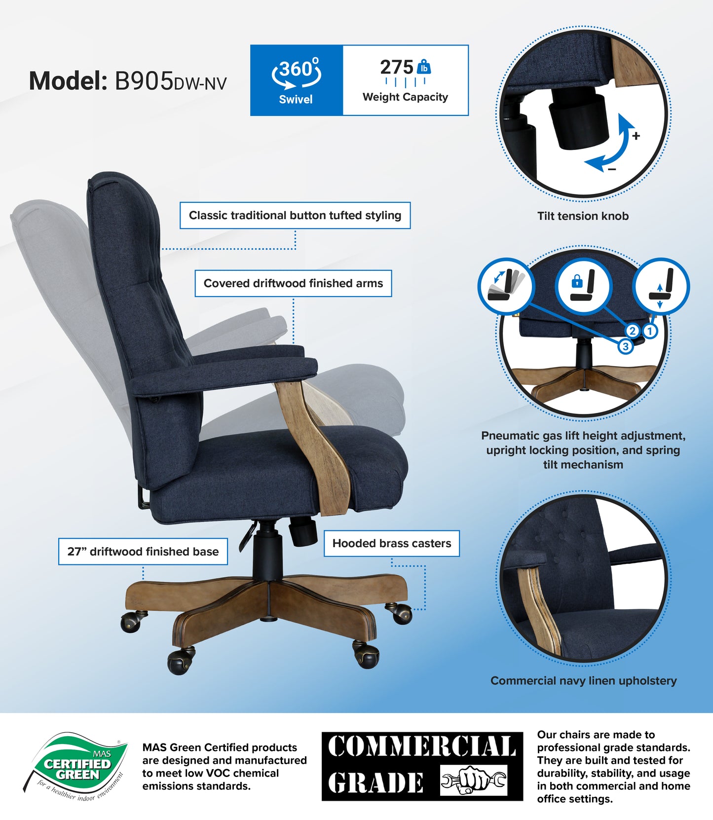 BOSS Executive Navy Commercial Grade Linen Chair With Driftwood Finish Frame image 3