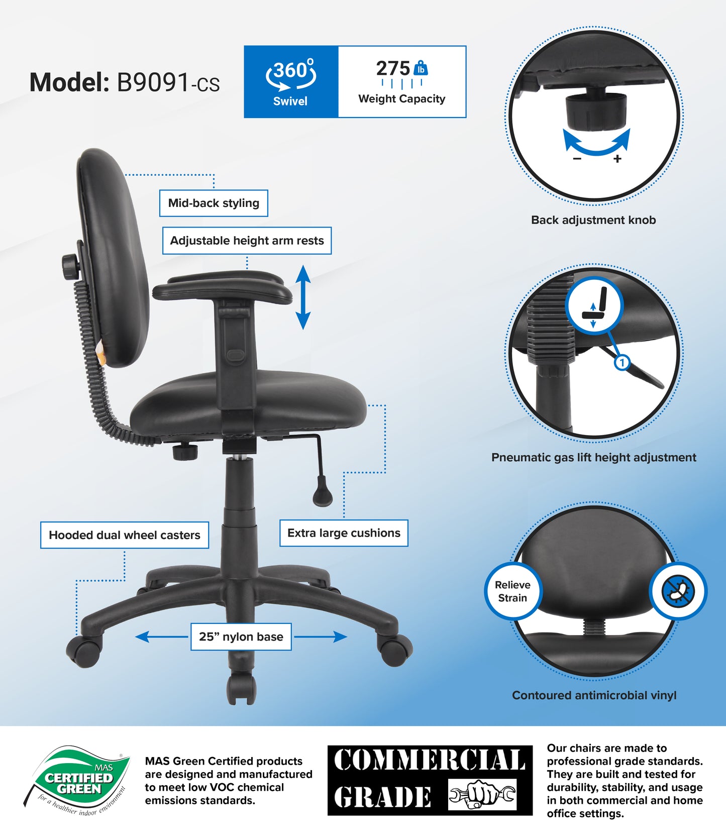 Boss Diamond Task Chair In Black Antimicrobial Vinyl W/ Adjustable Arms image 3