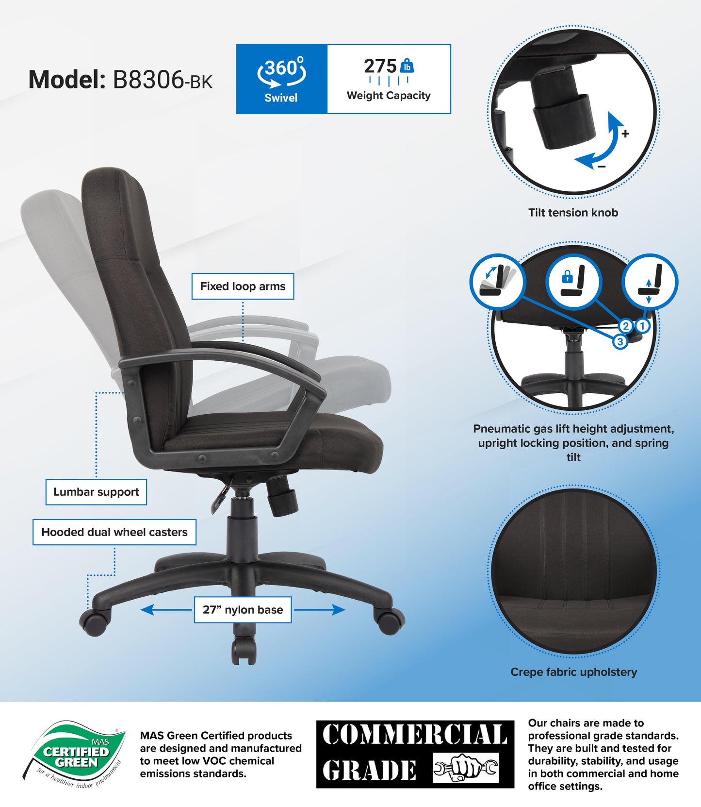 Boss Mid Back Fabric Managers Chair In Black image 3