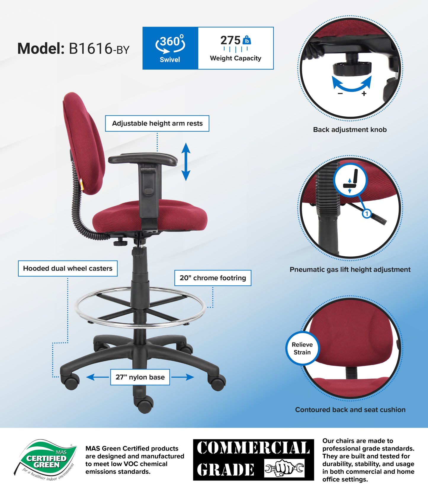 Boss Drafting Stool (B315-By) W/Footring And Adjustable Arms image 3