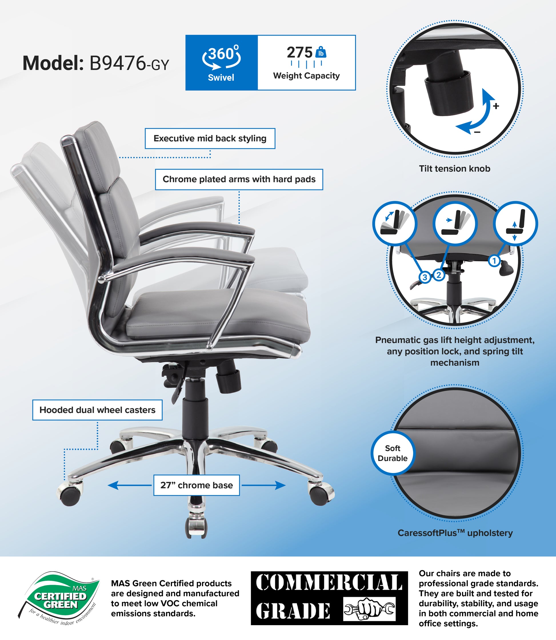Boss Executive CaressoftPlus Chair with Metal Chrome Finish - Mid Back image 3