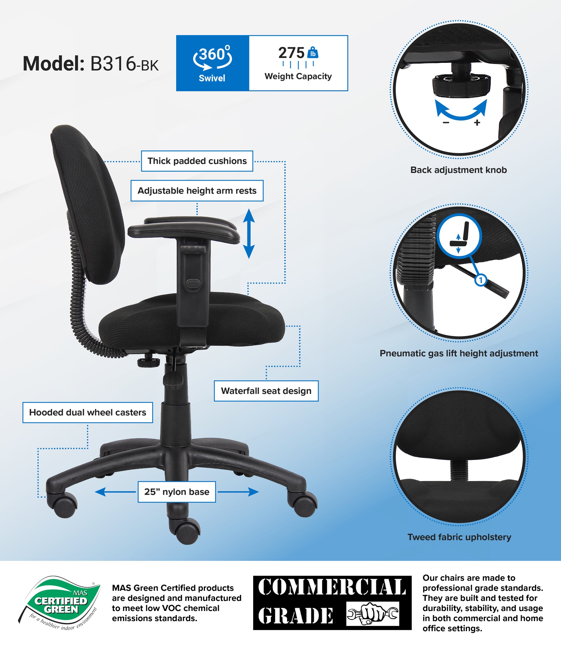 Boss Black  Deluxe Posture Chair W/ Adjustable Arms image 3