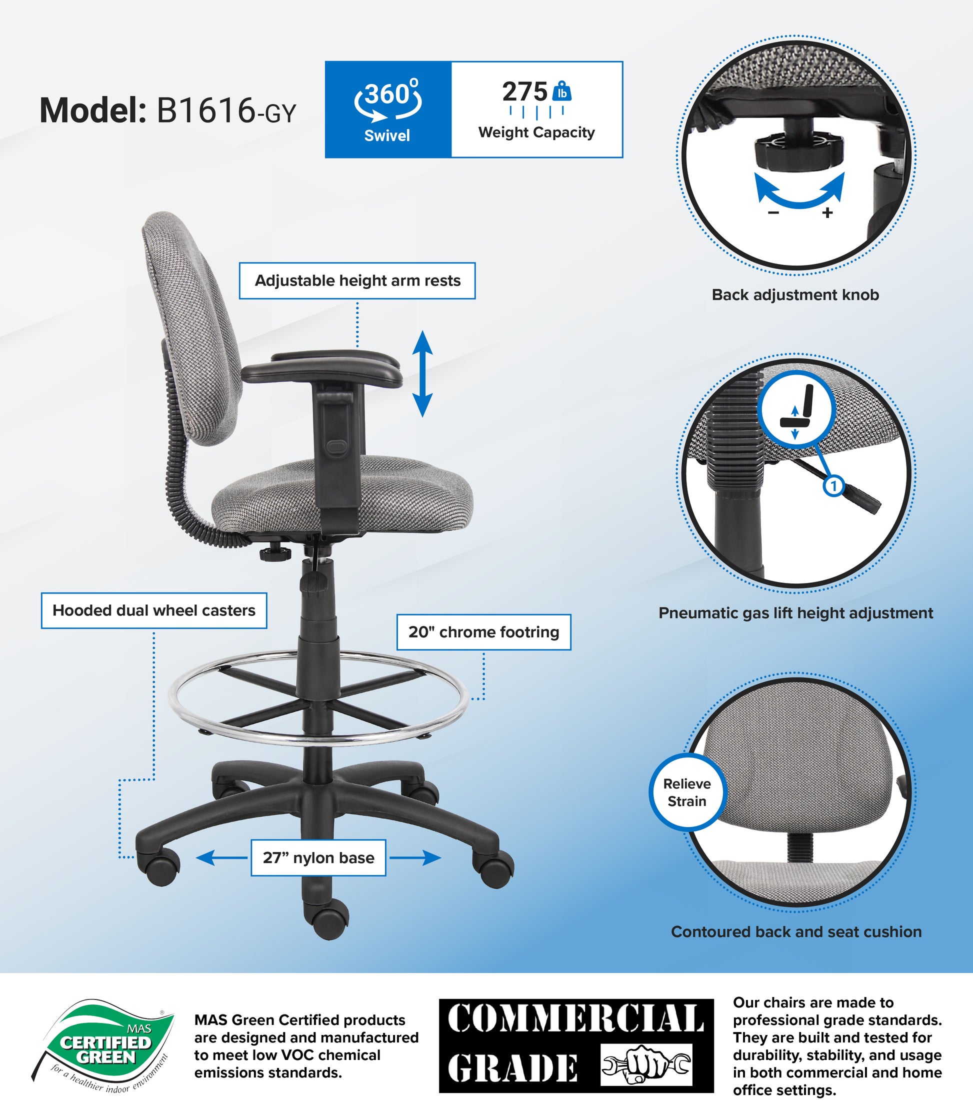 Boss Drafting Stool (B315-Gy) W/Footring And Adjustable Arms image 3
