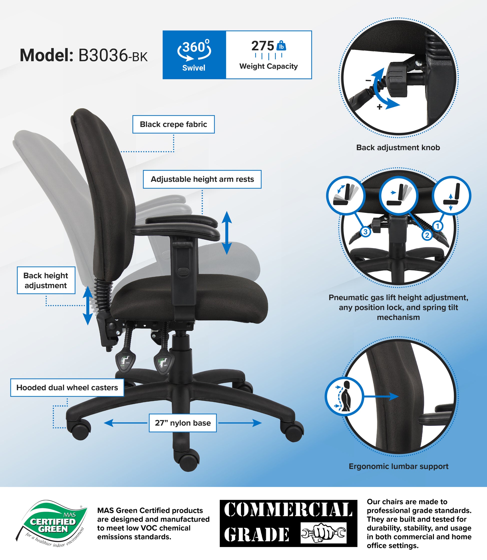 Boss Multi-Function Fabric Task Chair W/ Adjustable Arms image 3