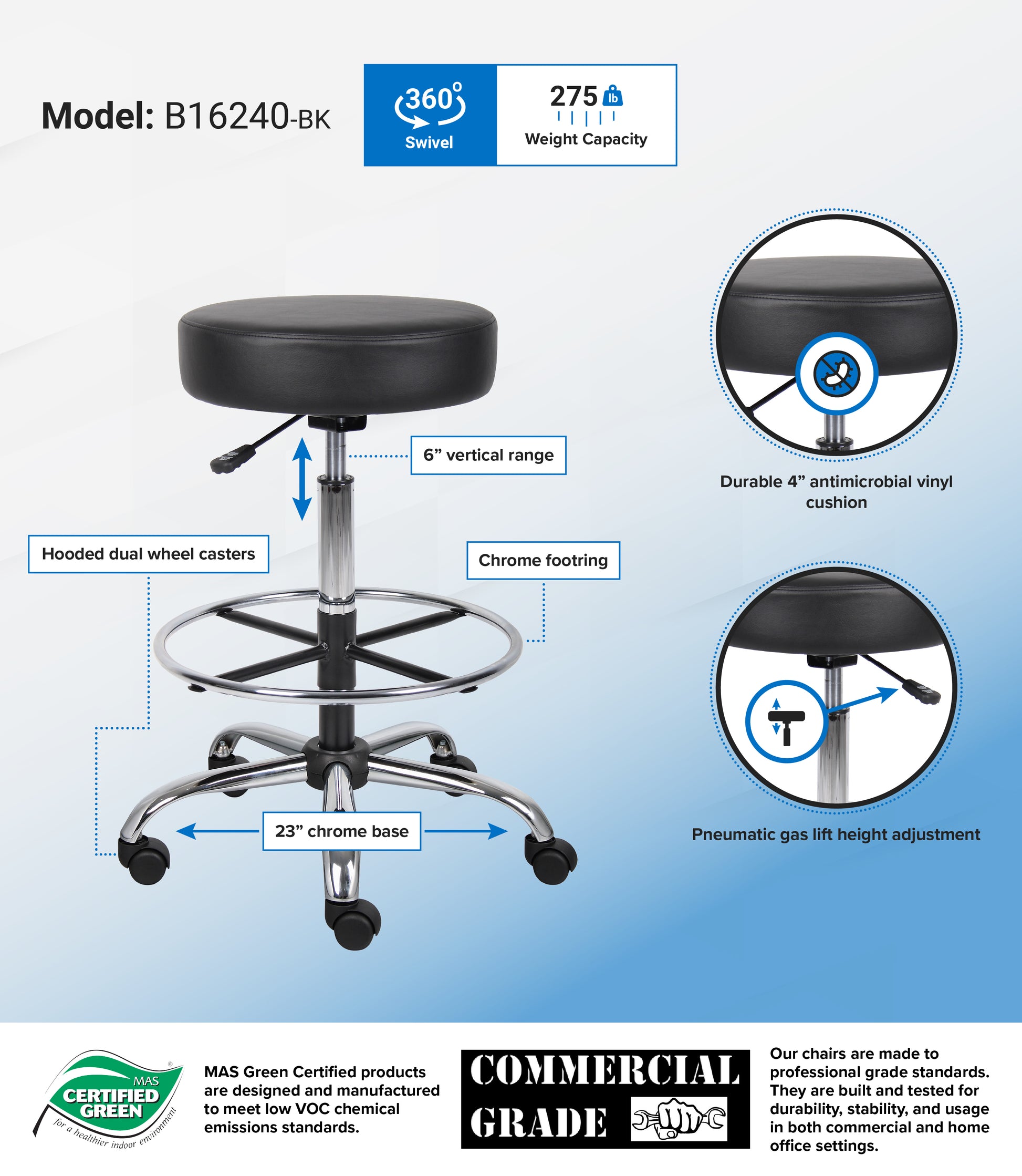 Boss Antimicrobial Vinyl Medical/Drafting Stool image 3