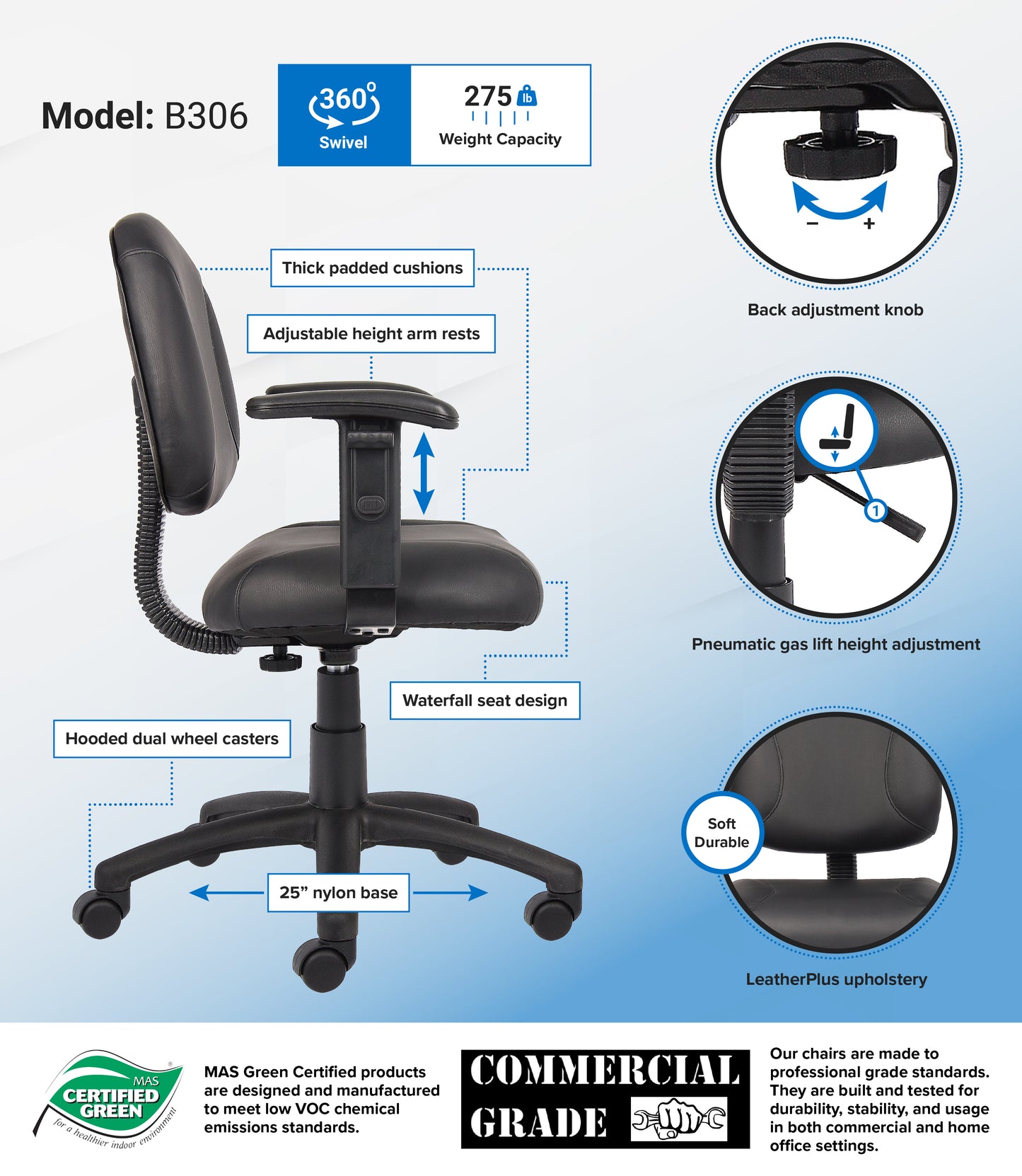 Boss Black Posture Chair W/ Adjustable Arms image 3