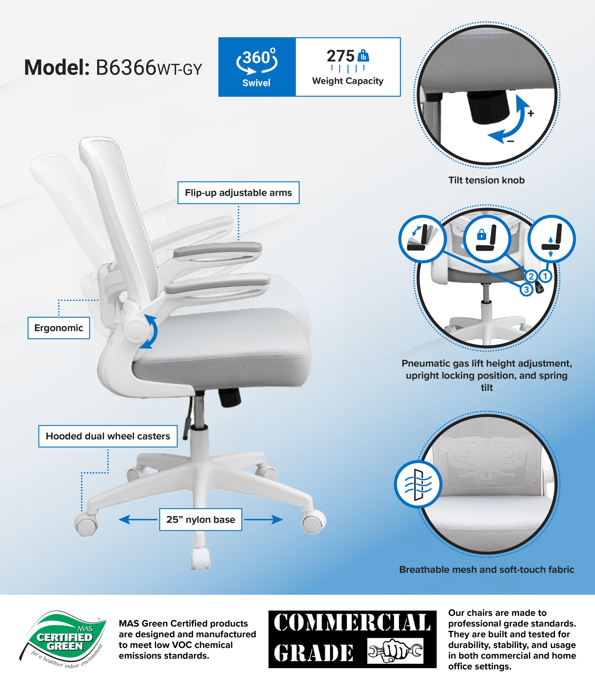 Boss Grey Mesh, Flip Arm, Task Chair, White Frame image 3