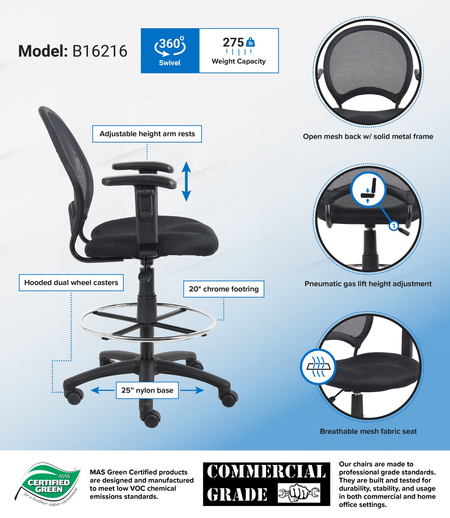 Boss Mesh Drafting Stool W/ Adjustable Arms image 3