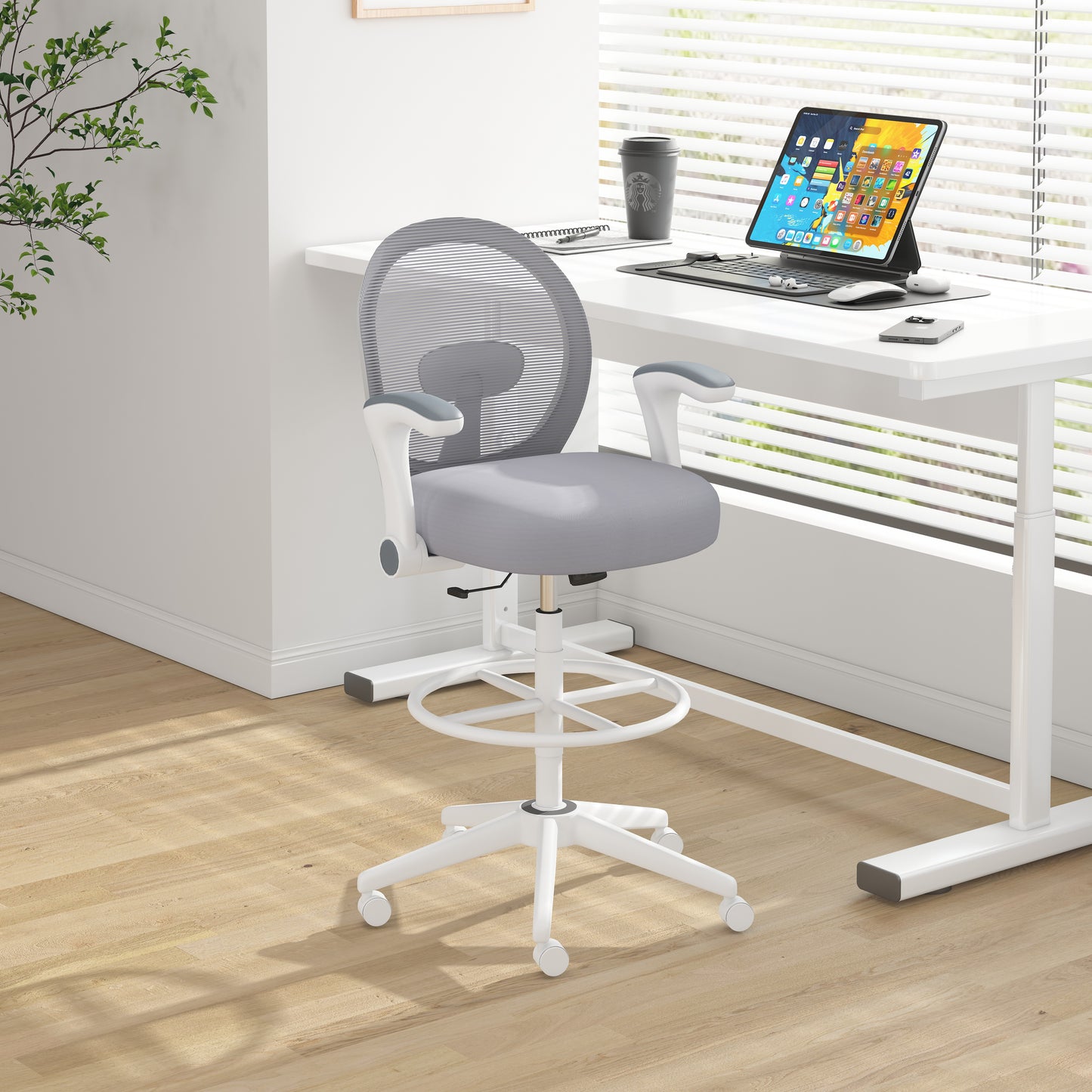 Boss Grey Mesh, Flip Arm, Stool, White Frame image 2