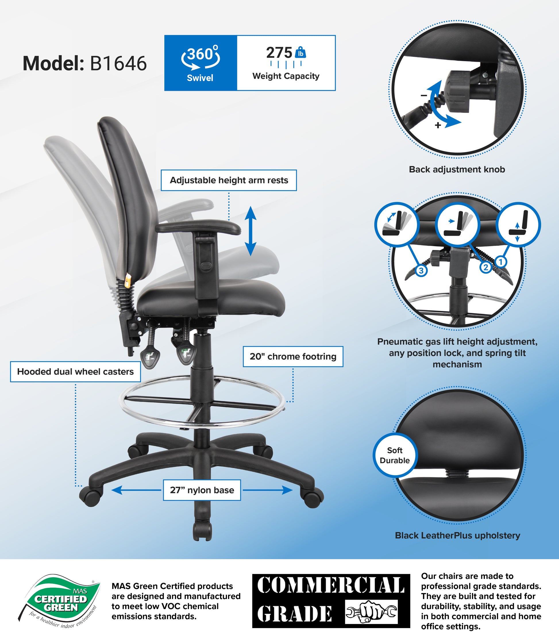 Boss Multi-Function LeatherPlus Drafting Stool W/ Adjustable Arms image 3