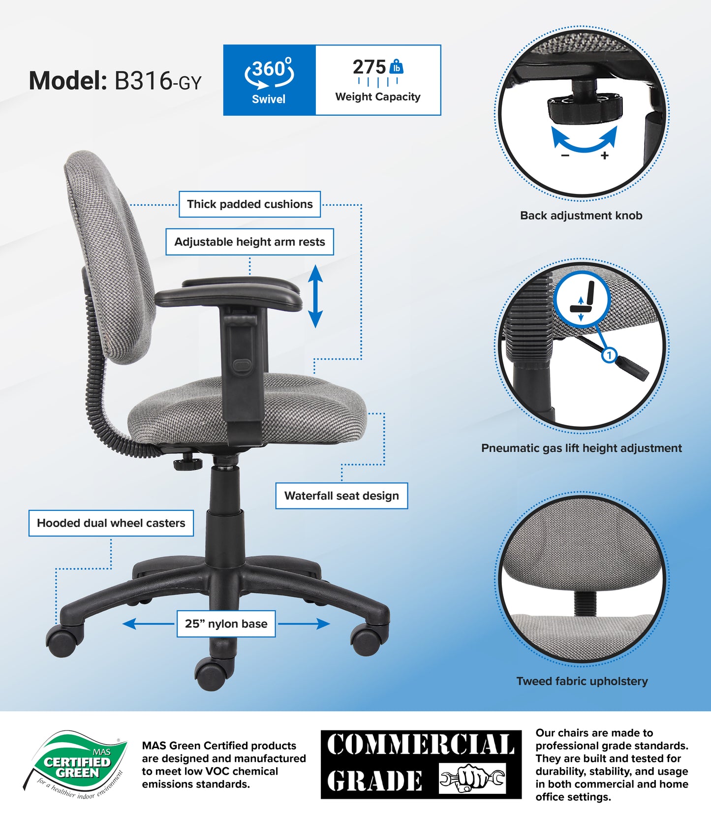 Boss Grey  Deluxe Posture Chair W/ Adjustable Arms image 3
