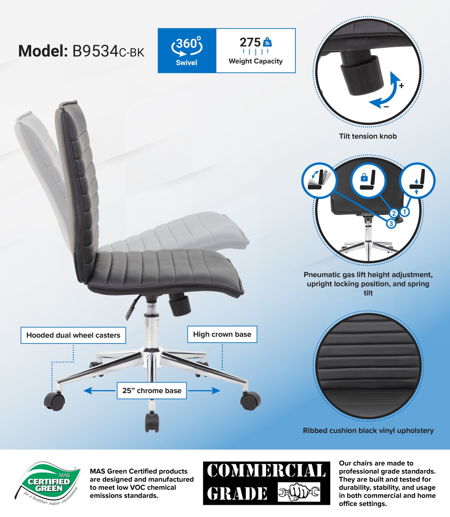 Boss Black Vinyl Armless Hospitality Chair image 3