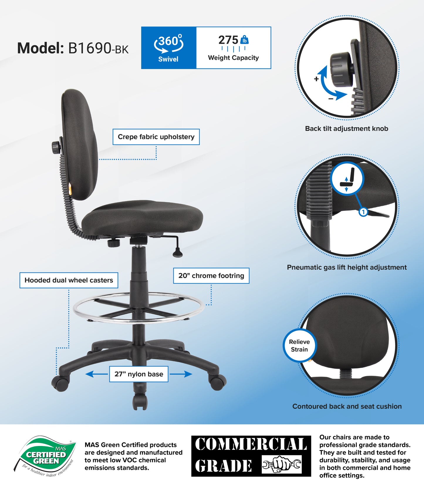 Boss Black Fabric Drafting Stools W/Footring image 3