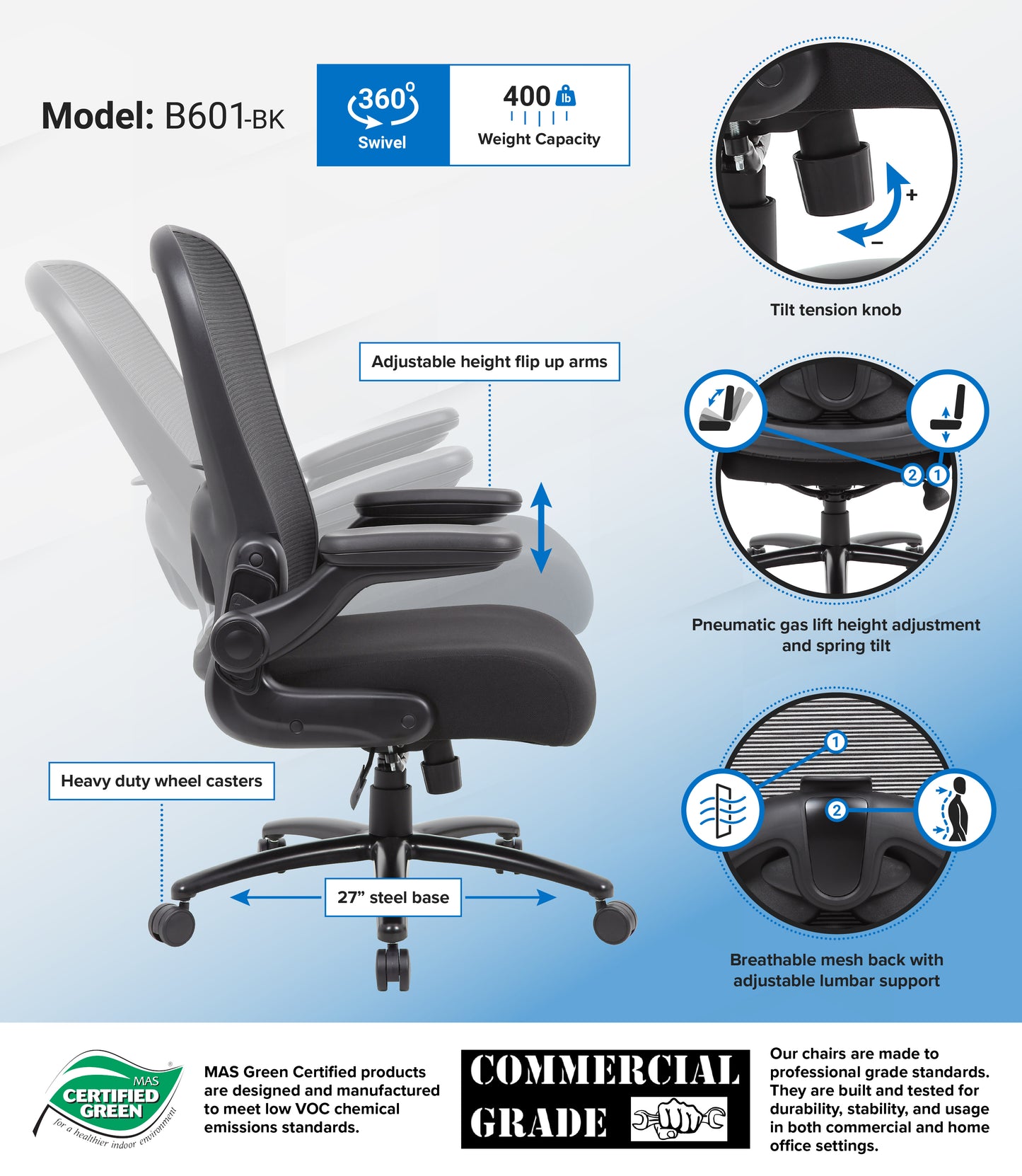 Boss Mesh Heavy Duty Chair, 400 lb weight capacity image 3
