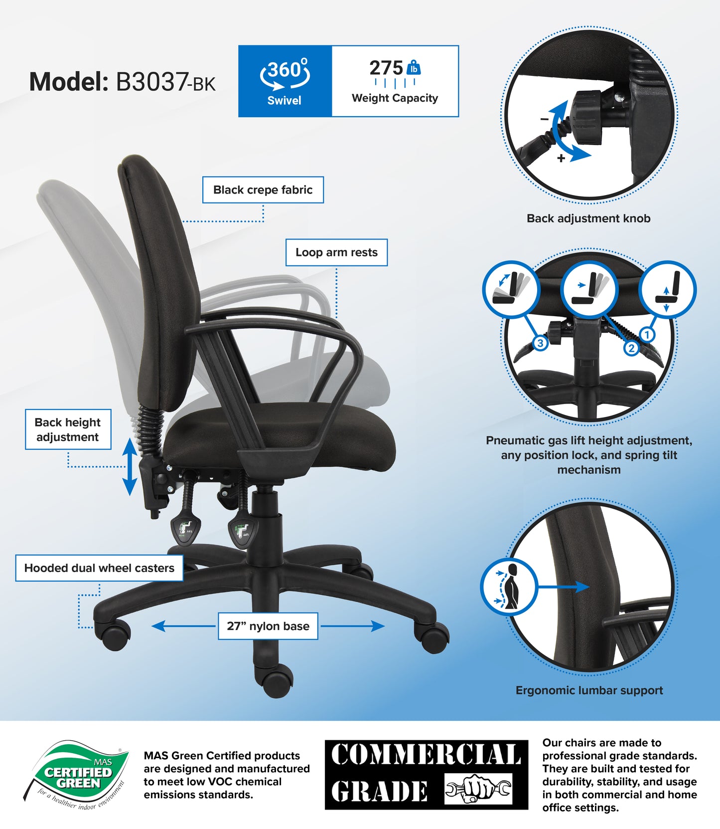 Boss Multi-Function Fabric Task Chair W/Loop Arms image 3