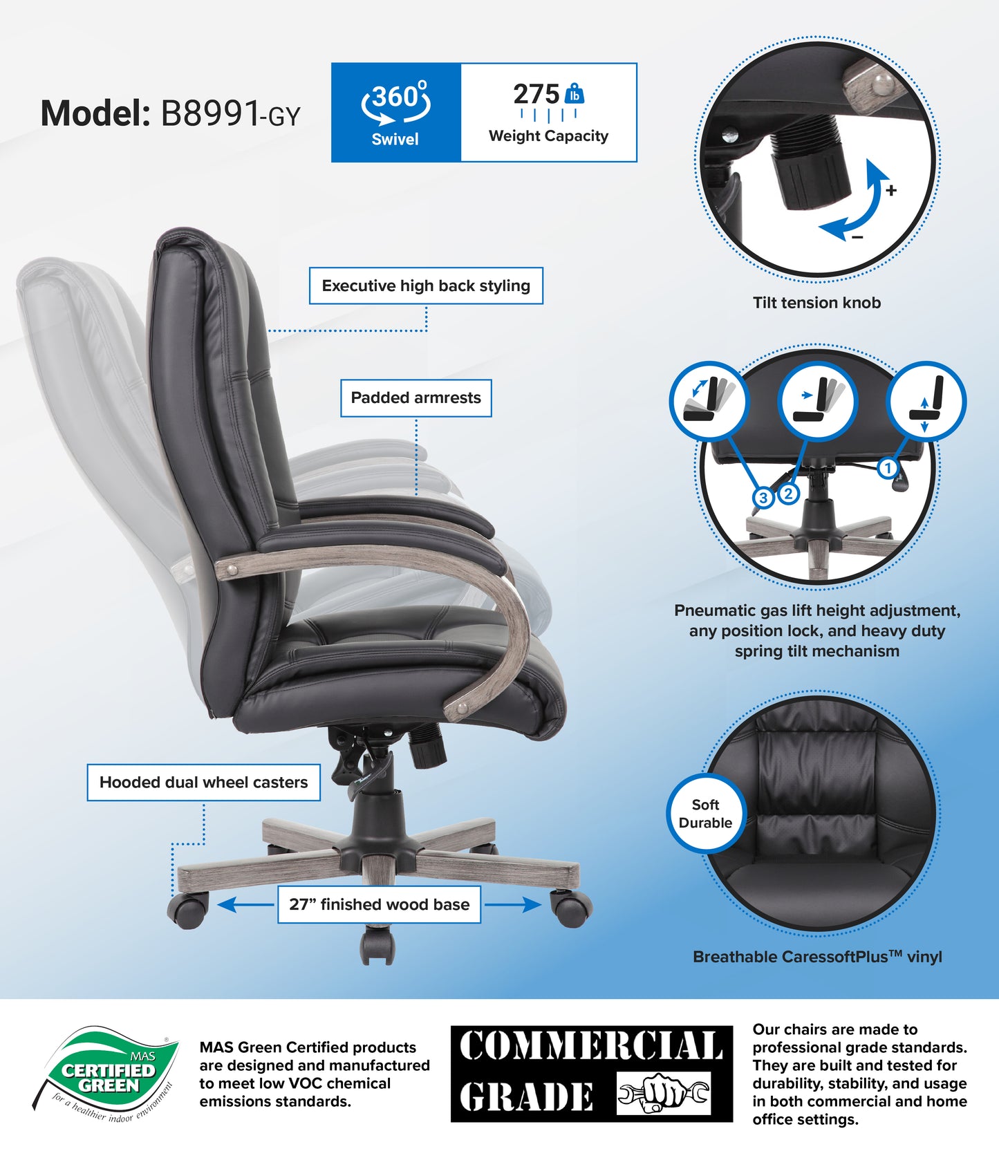 Boss High Back Executive Wood Finished Chair, Grey image 3