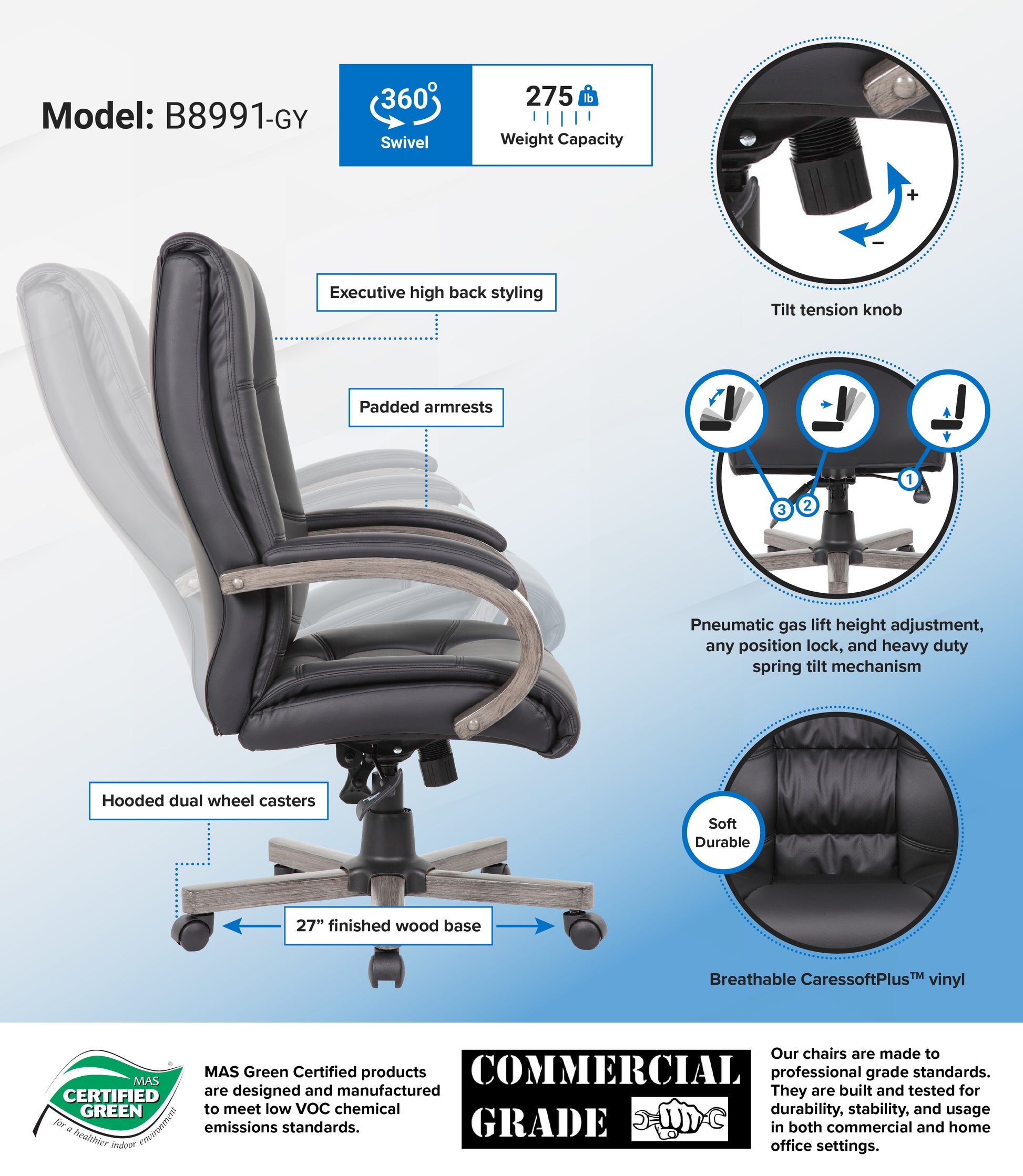 Boss High Back Executive Wood Finished Chair, Grey image 3