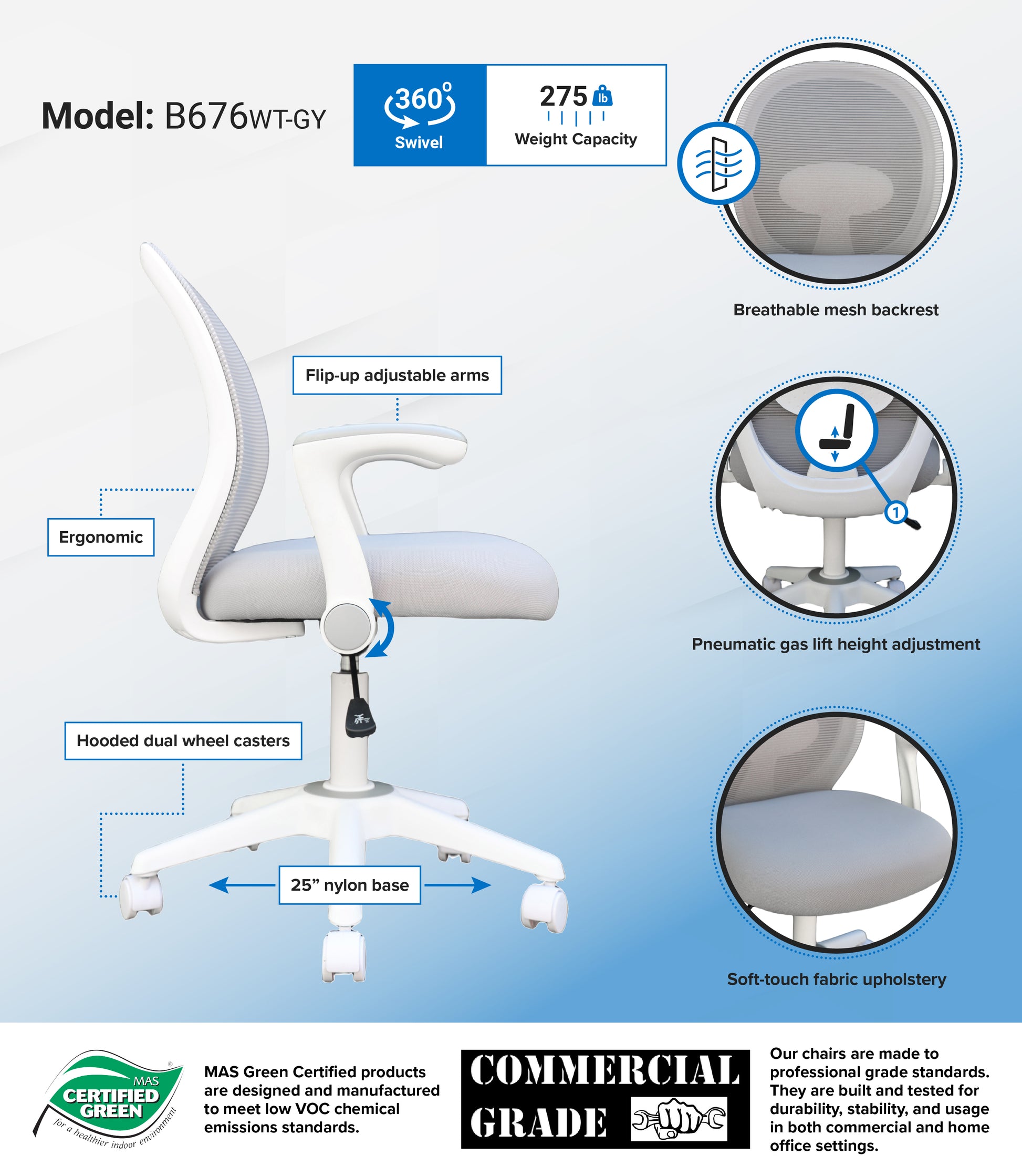 Boss Grey Mesh, Flip Arm, Task Chair, White Frame image 3