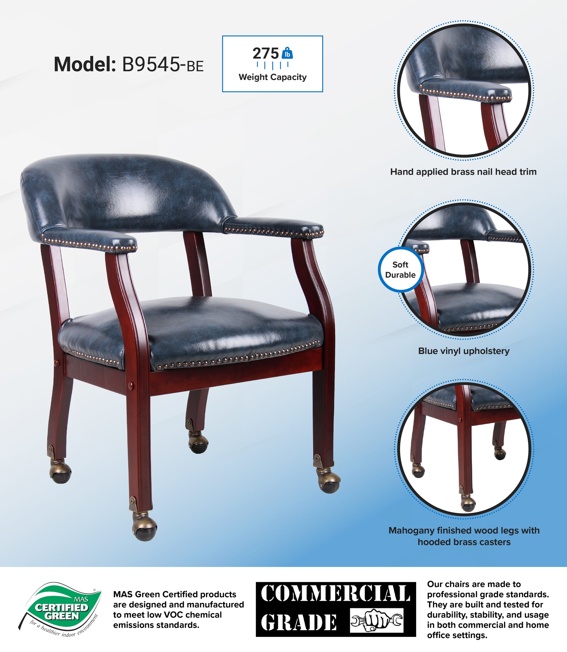 Boss Captain's guest, accent or dining chair in Blue Vinyl W/ Casters image 3