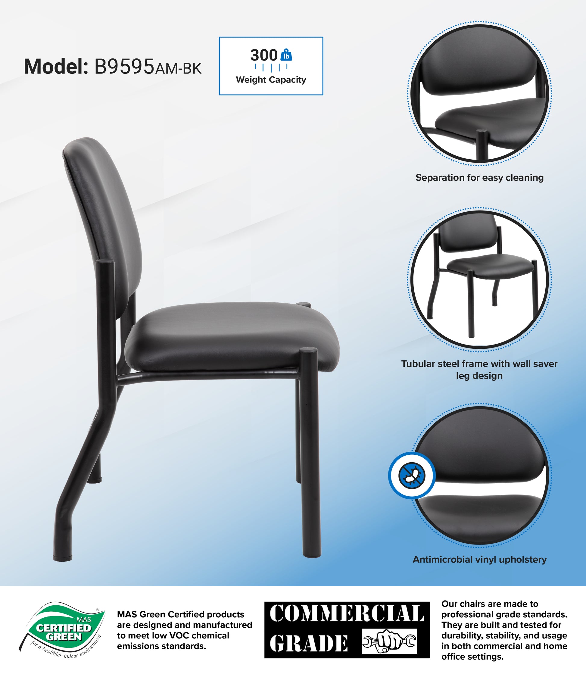 Boss Antimicrobial Armless Guest Chair, 300 lb. weight capacity image 3