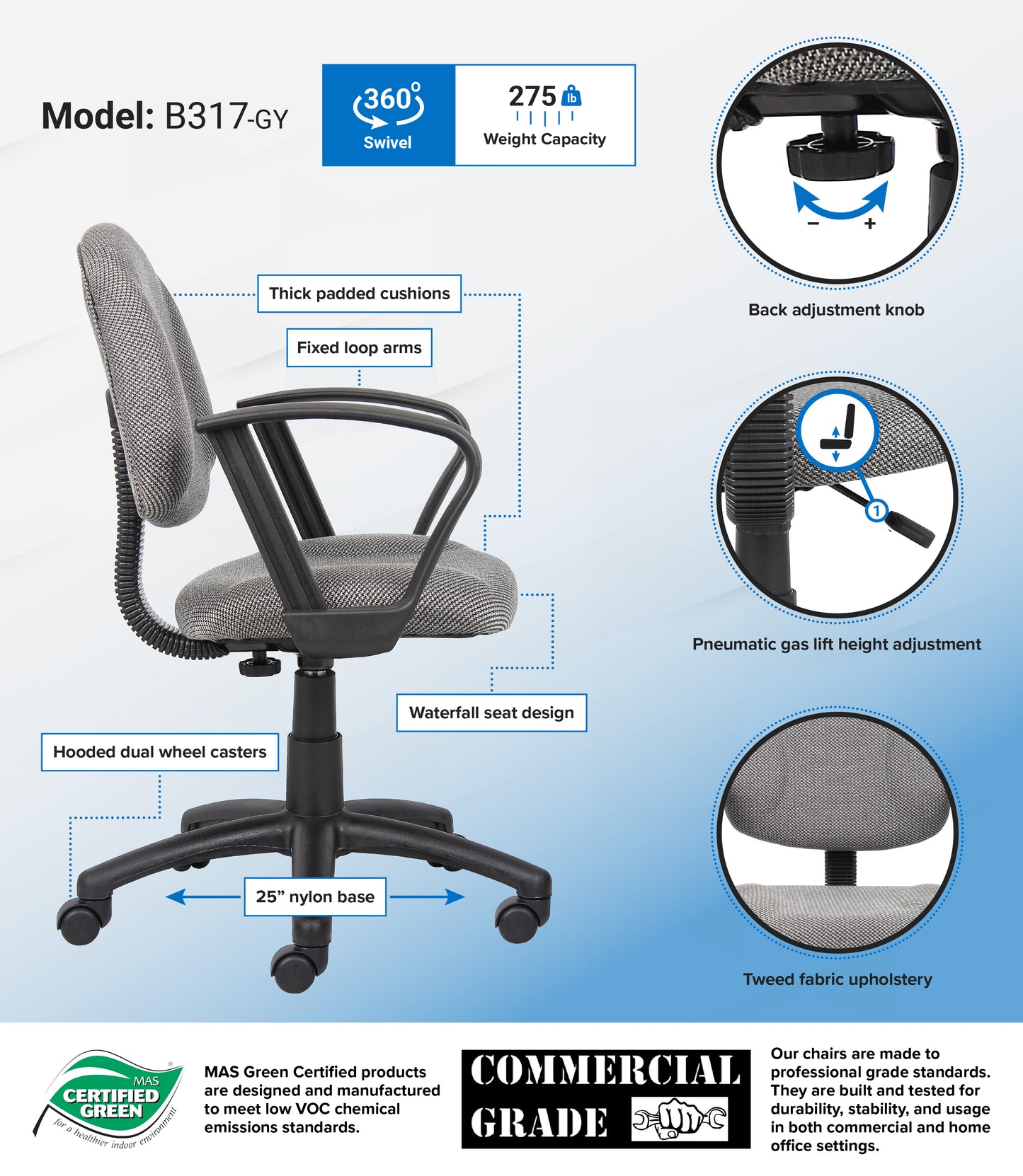 Boss Grey  Deluxe Posture Chair W/ Loop Arms image 3