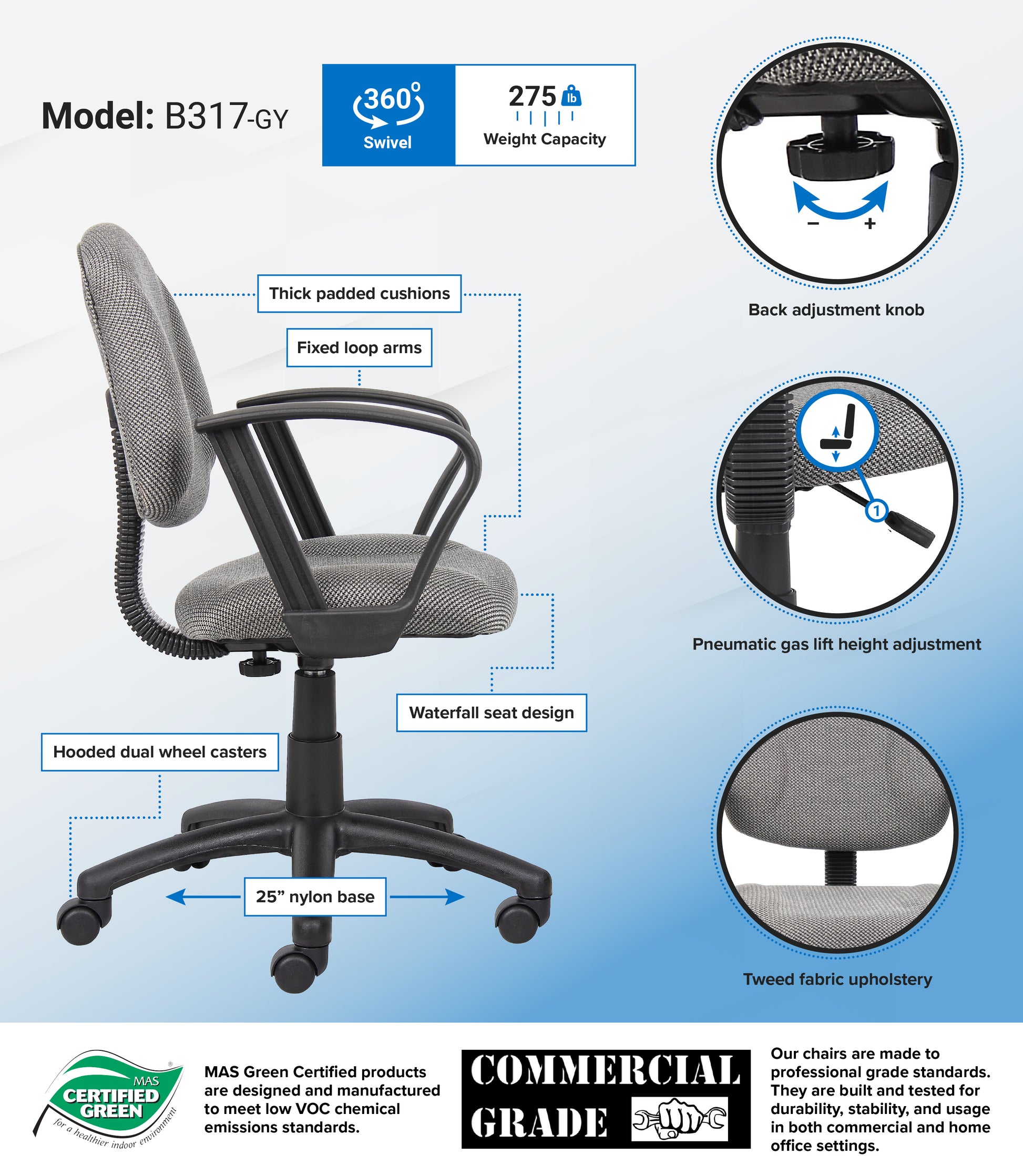 Boss Grey  Deluxe Posture Chair W/ Loop Arms image 3