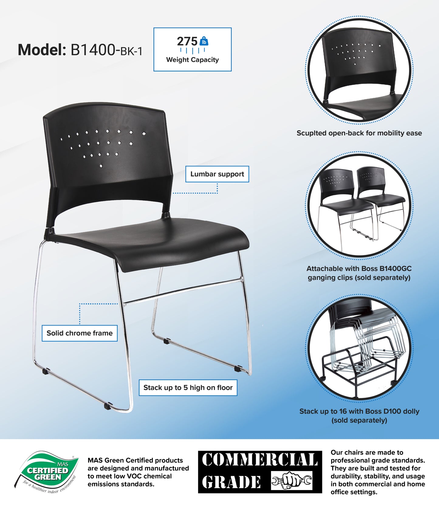 Boss Black Stack Chair With Chrome Frame 2 Pcs Pack image 3