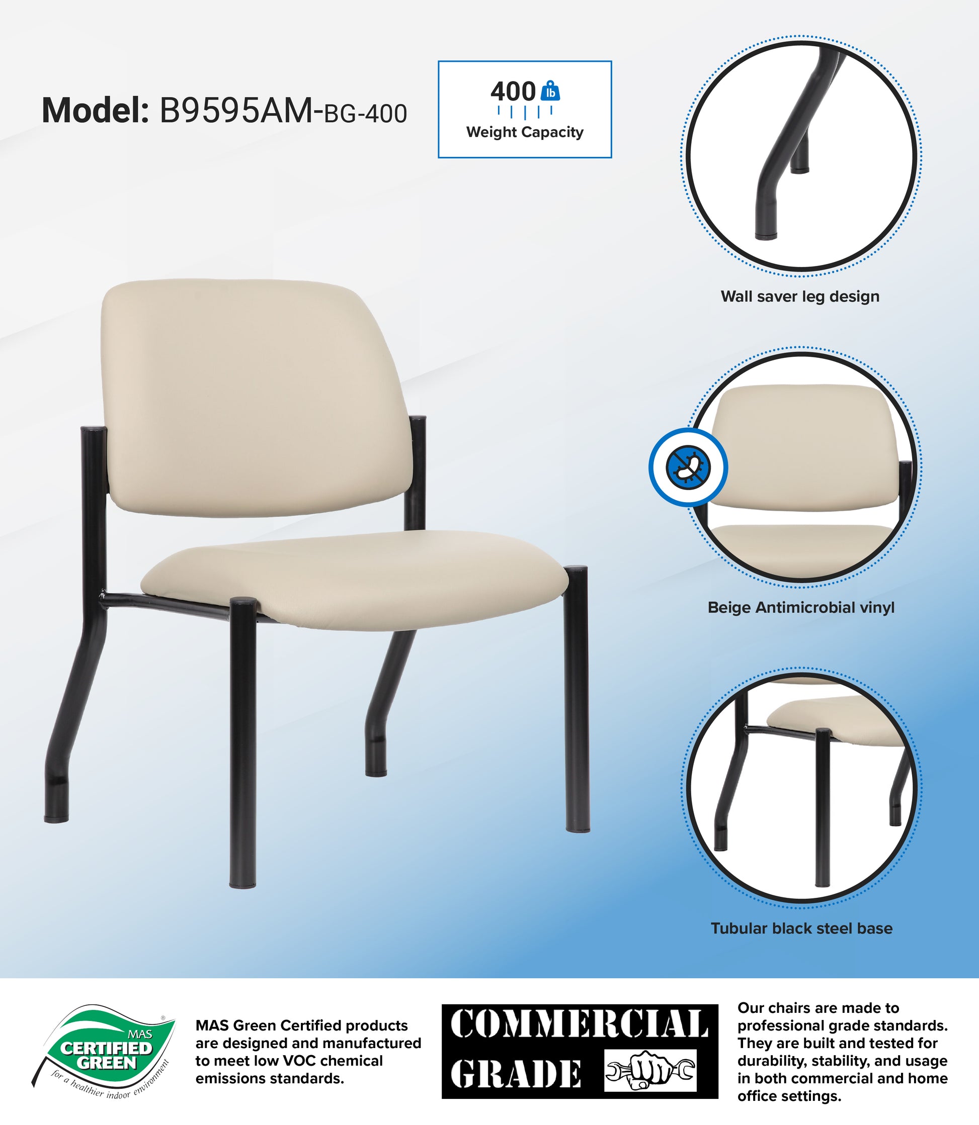 Boss Antimicrobial Armless Guest Chair, 400 lb. weight capacity image 3