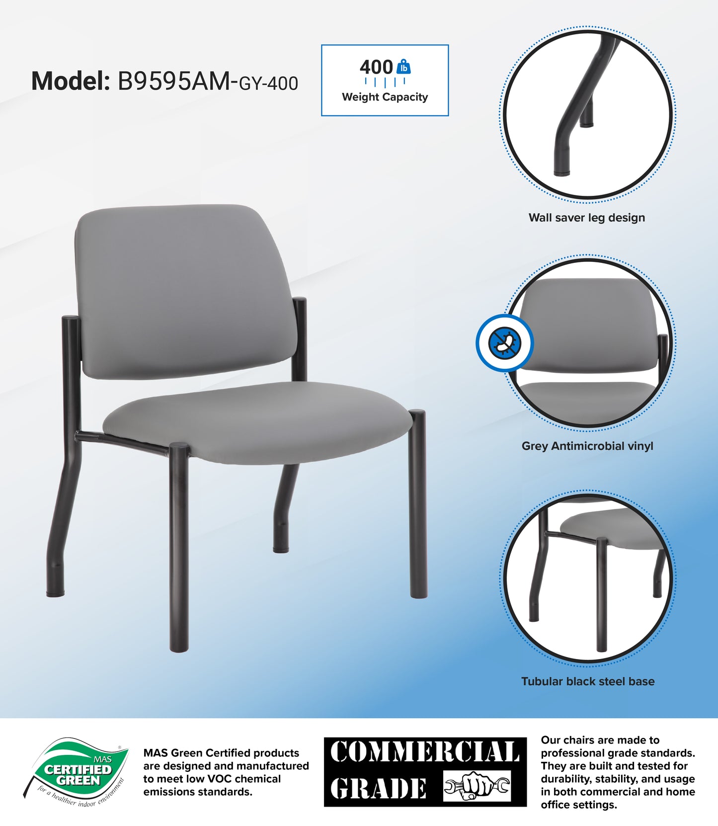 Boss Antimicrobial Armless Guest Chair, 400 lb. weight capacity image 3