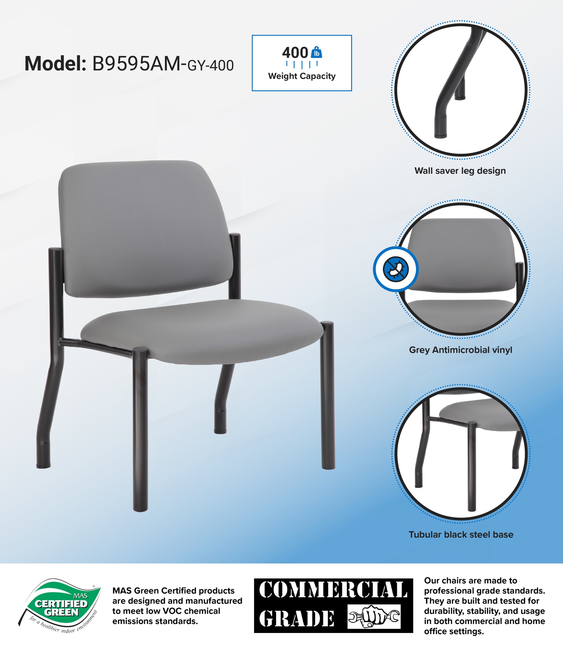 Boss Antimicrobial Armless Guest Chair, 400 lb. weight capacity image 3