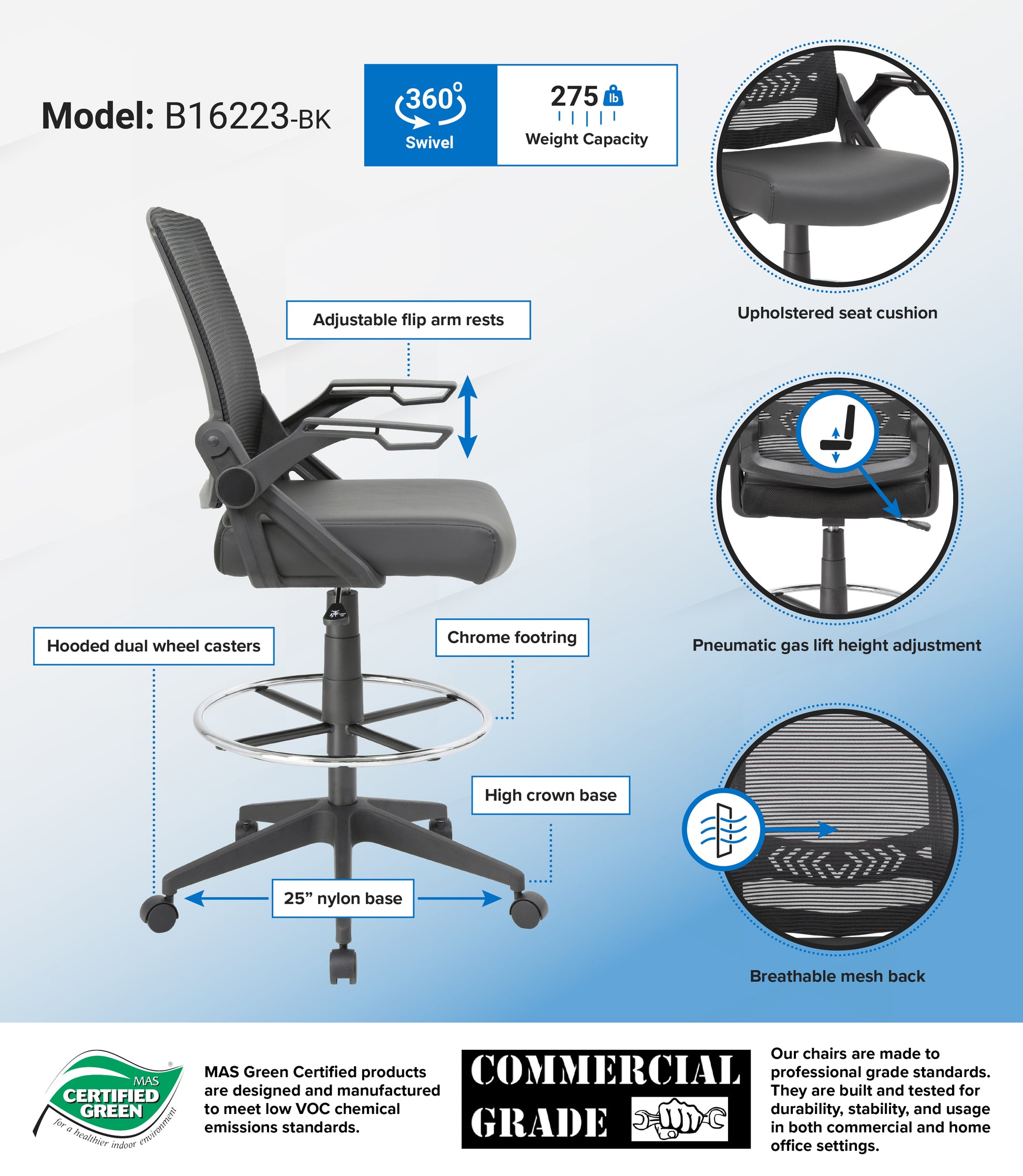 Boss Mesh Drafting Stool w/ Flip Arms image 3