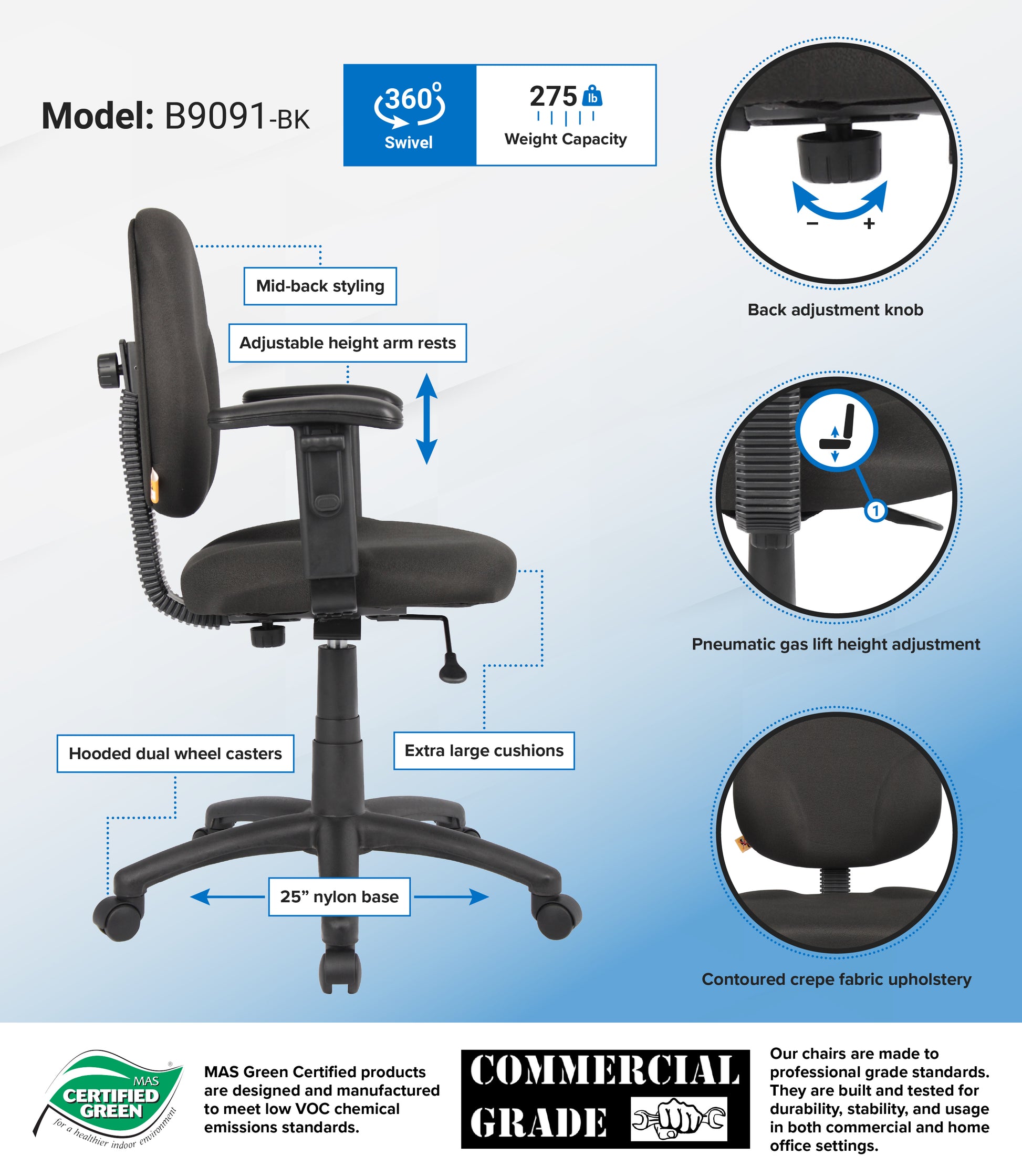Boss Diamond Task Chair In Black W/ Adjustable Arms image 3