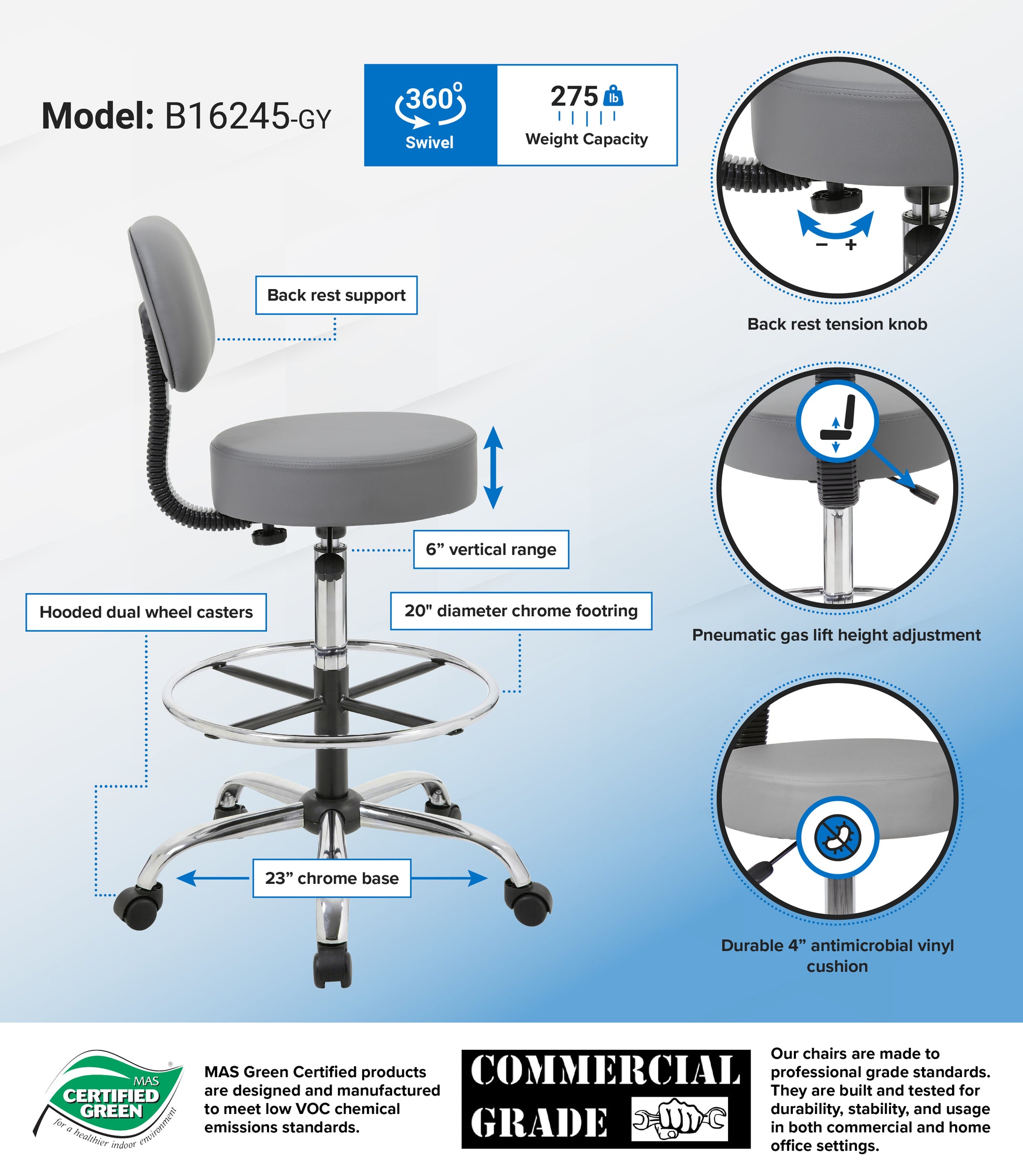 Boss Antimicrobial Vinyl Medical/Drafting Stool W/ Back Cushion image 3