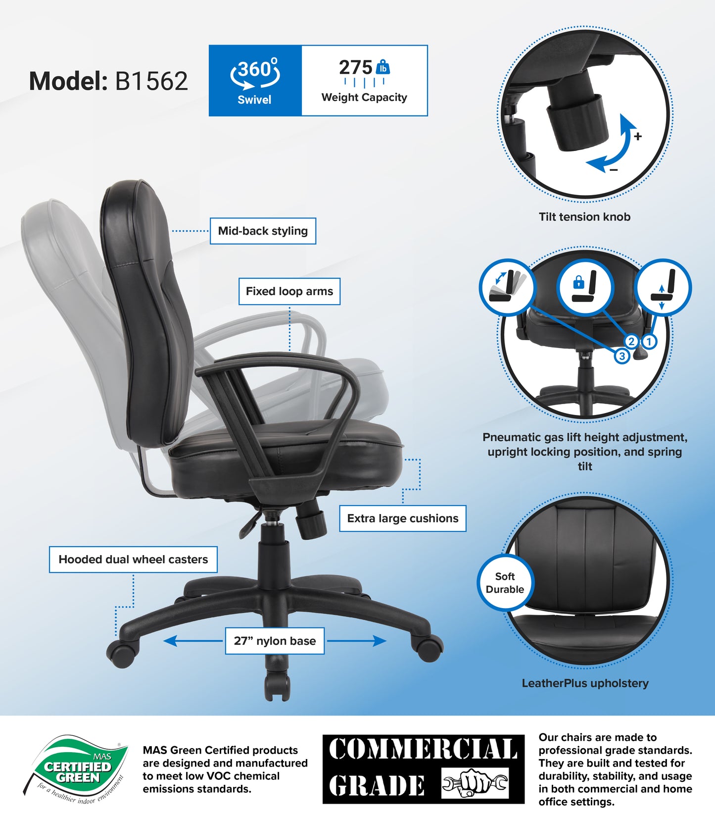 Boss Black Leather Task Chair W/ Loop Arms image 3