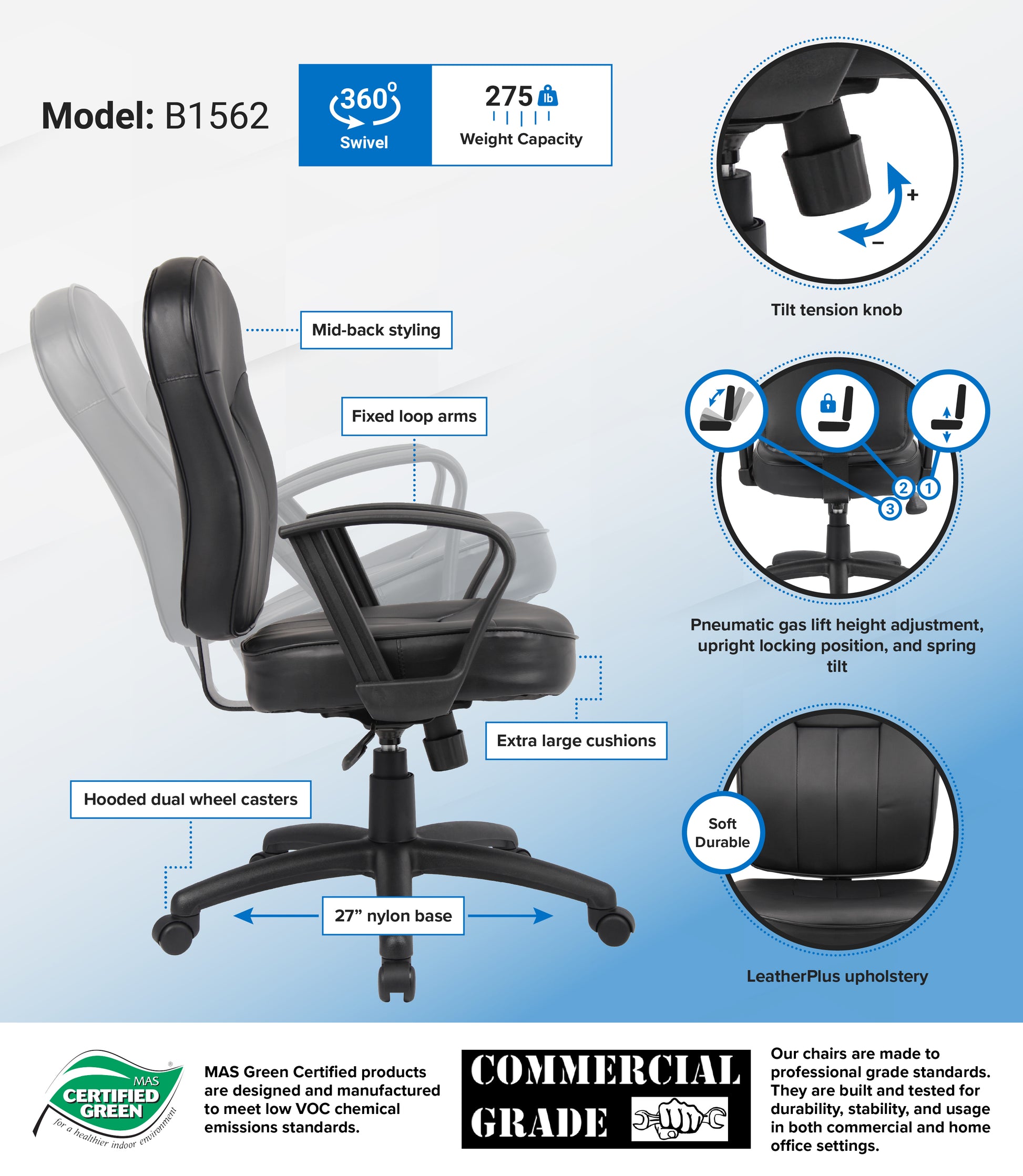 Boss Black Leather Task Chair W/ Loop Arms image 3