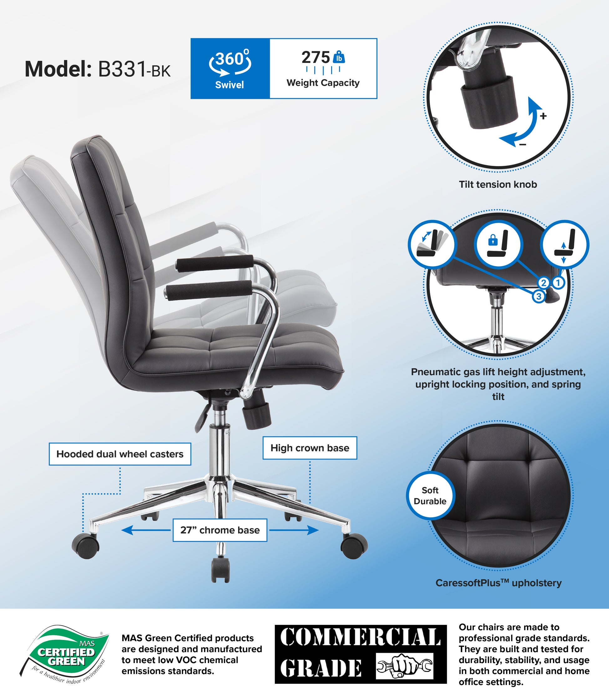 Boss Modern Office Chair w/Chrome Arms - Black image 3