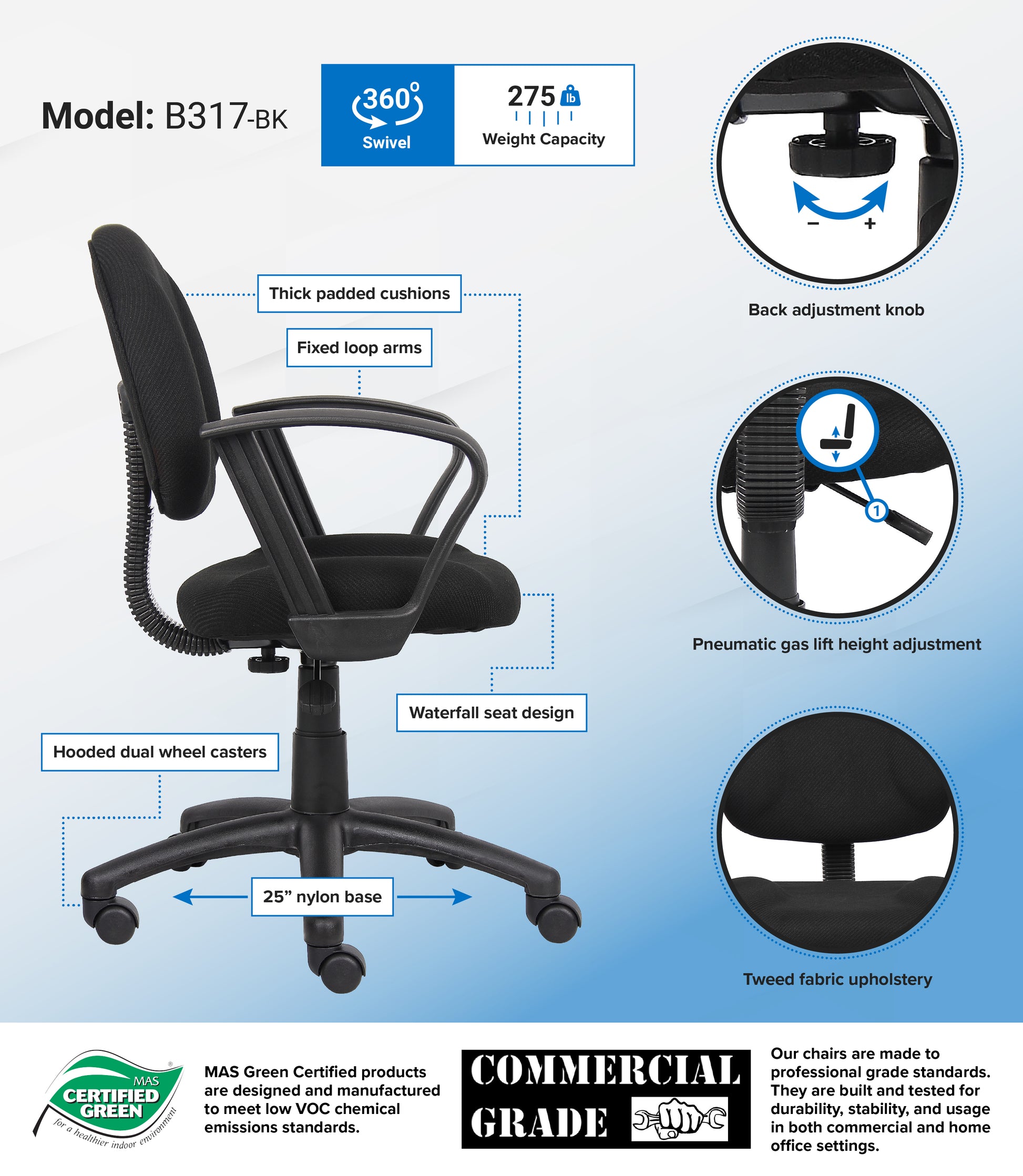 Boss Black  Deluxe Posture Chair W/ Loop Arms image 3