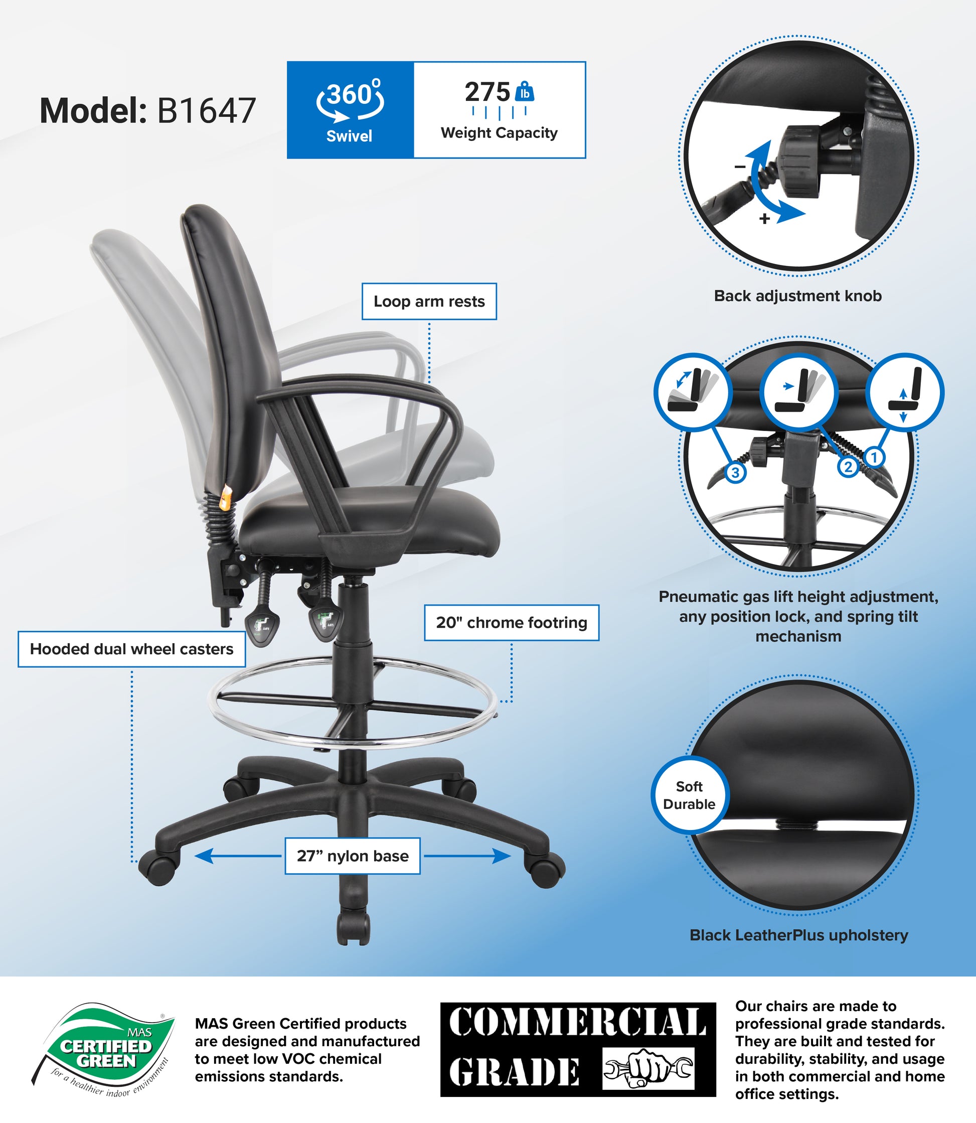 Boss Multi-Function LeatherPlus Drafting Stool W/ Loop Arms image 3